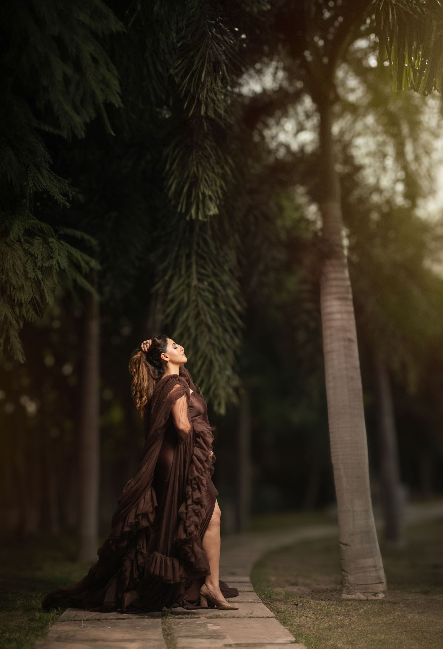 Dramatic outdoor maternity photo in brown flowing dress against palm trees and natural lighting.