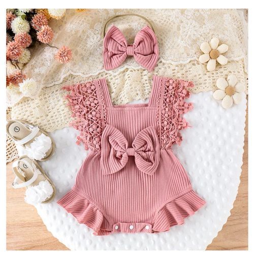Dusty rose ribbed romper with lace trim and matching bow headband.