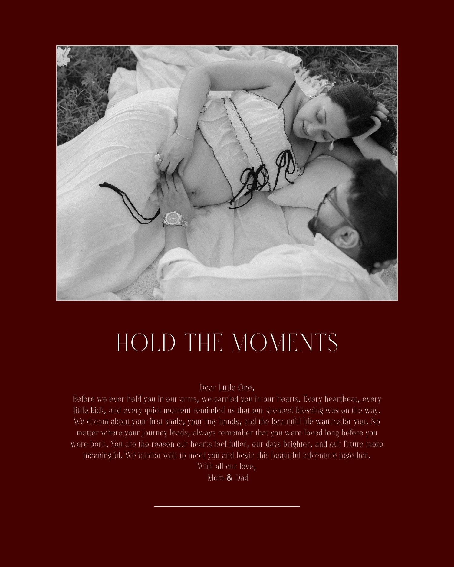 Black and white photo with Hold The Moments text on dark red background.