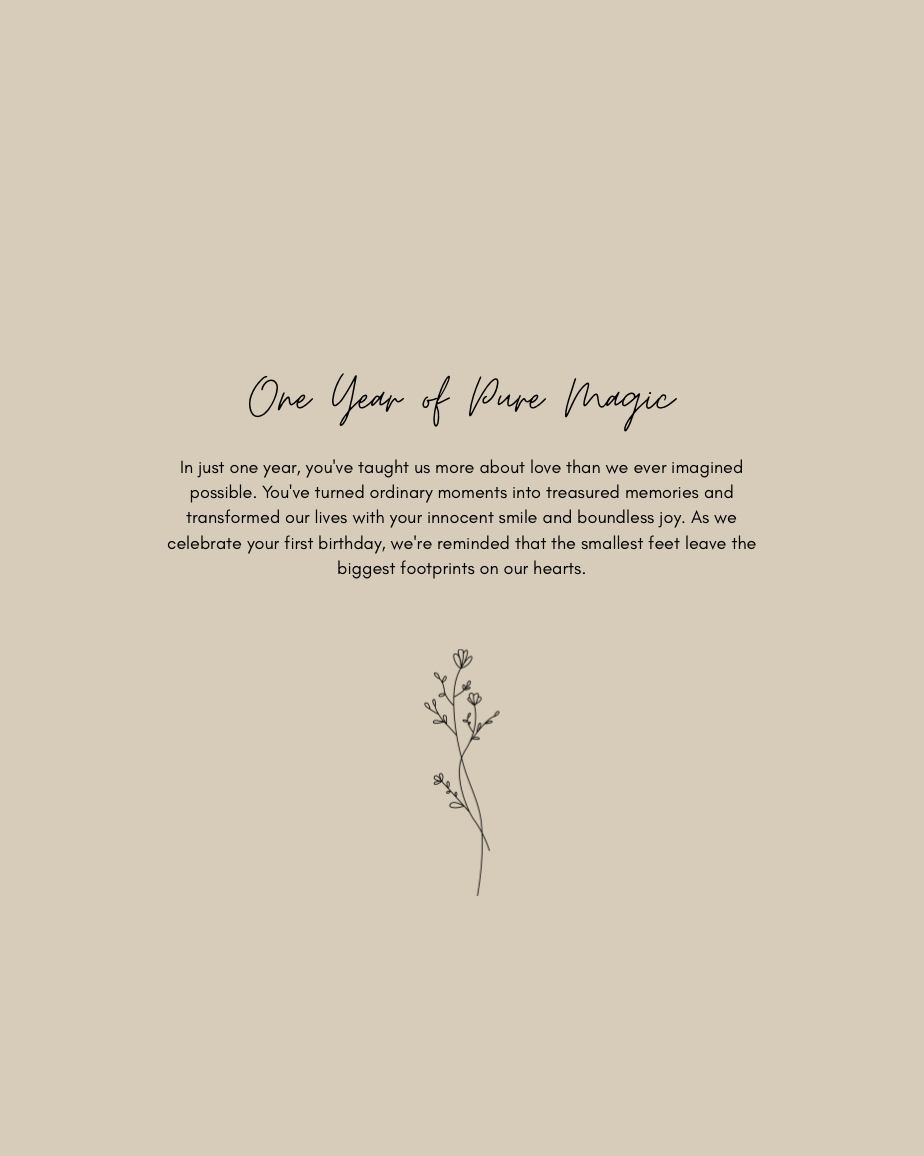 Elegant first birthday card with cursive title One Year of Pure Magic and floral illustration on beige background.