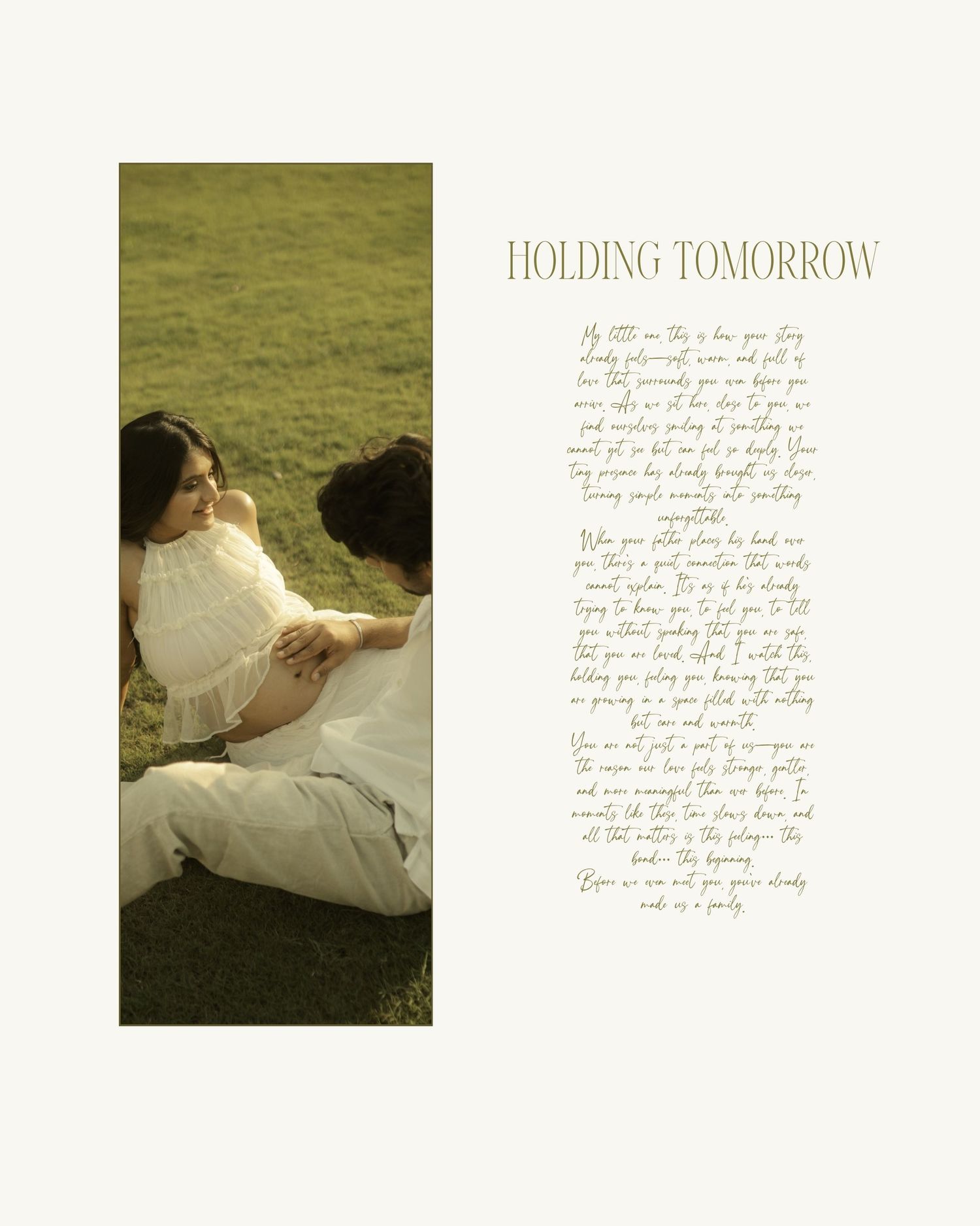 Pregnant couple sitting on grass, woman in white dress, with poem titled Holding Tomorrow on elegant photo print.