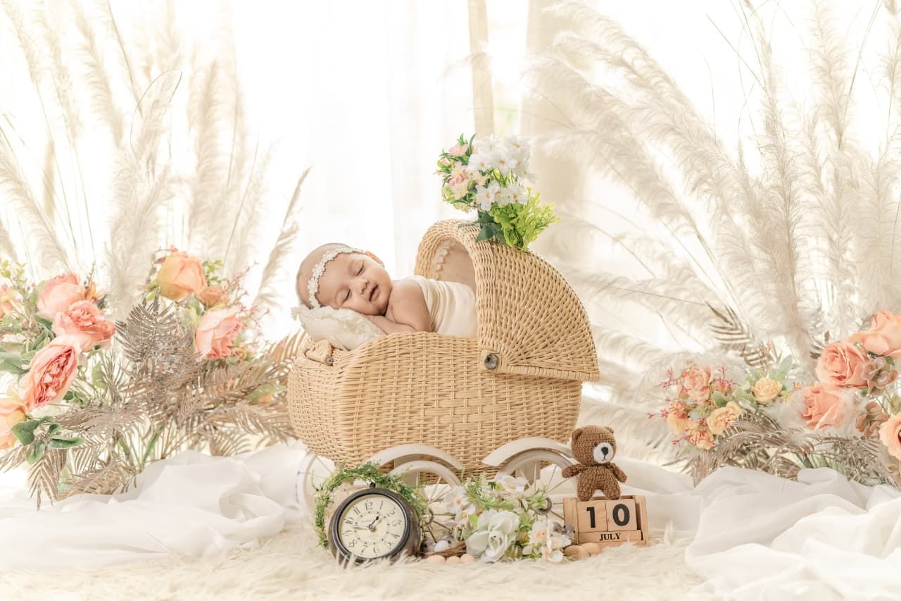 Newborn baby sleeping in a wicker pram surrounded by pink flowers, a teddy bear, and a clock in a soft studio setting.