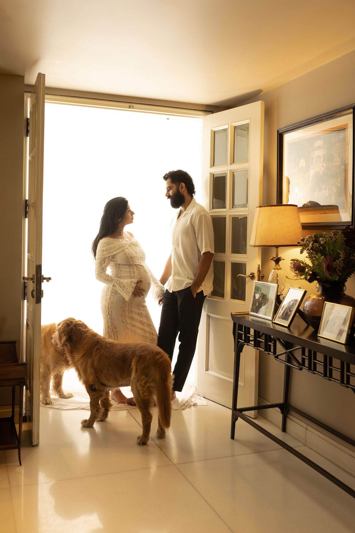 Golden-lit indoor scene showing playful interactions in a living room with a large dog.