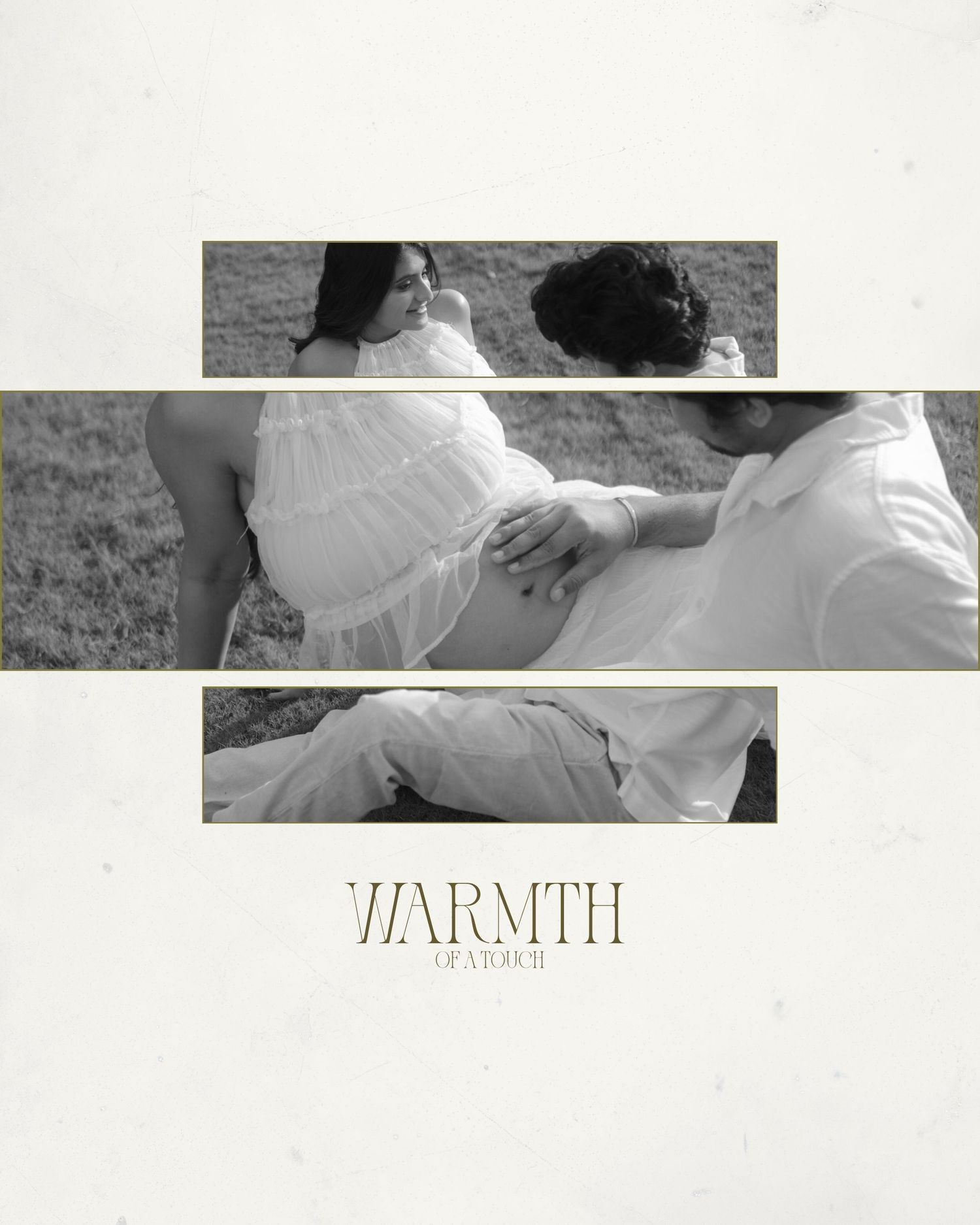 Black and white maternity photo collage with couple in white, titled Warmth of a Touch.