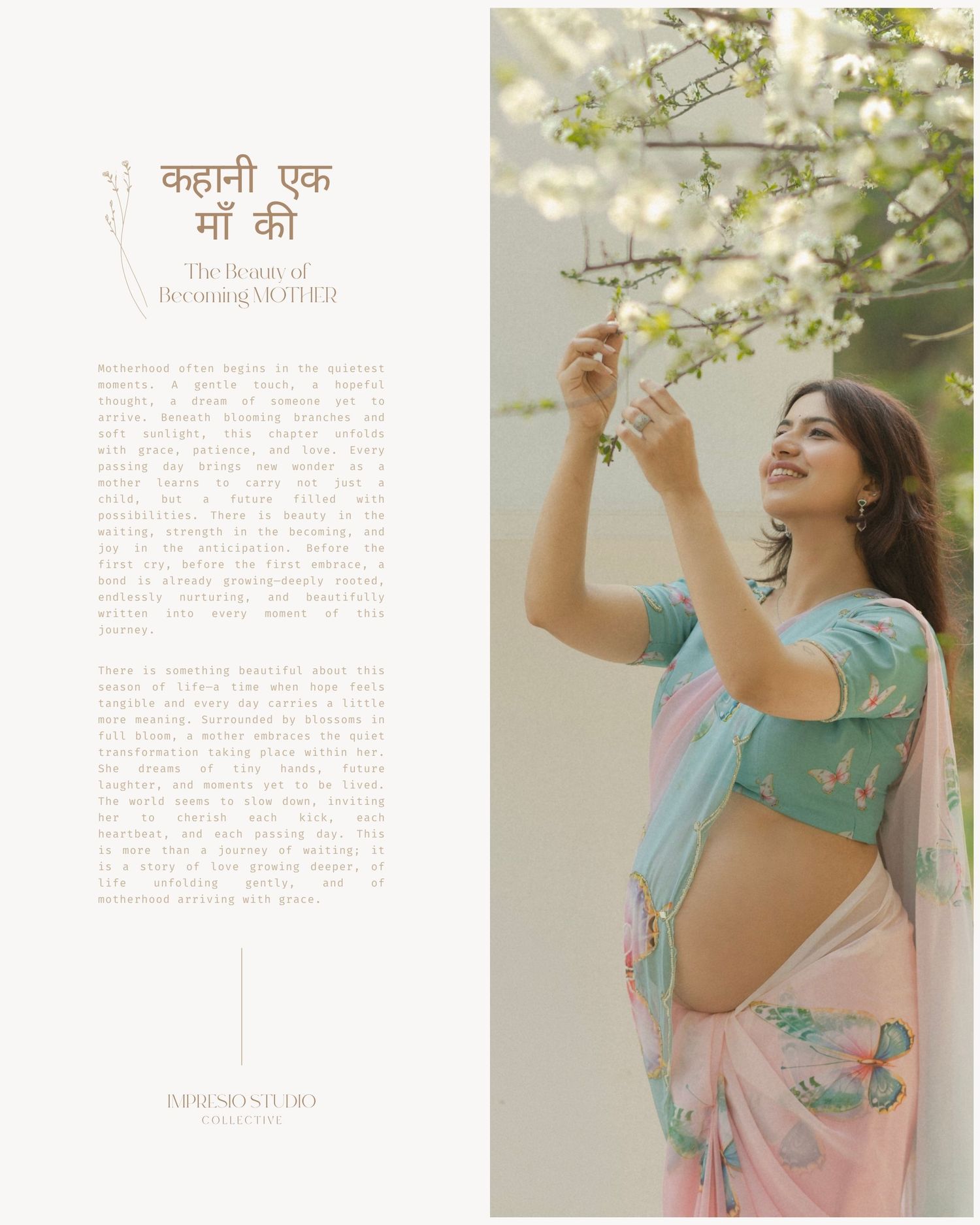 A smiling pregnant woman in a pink saree reaches for blossoms in a vibrant maternity magazine editorial shoot.