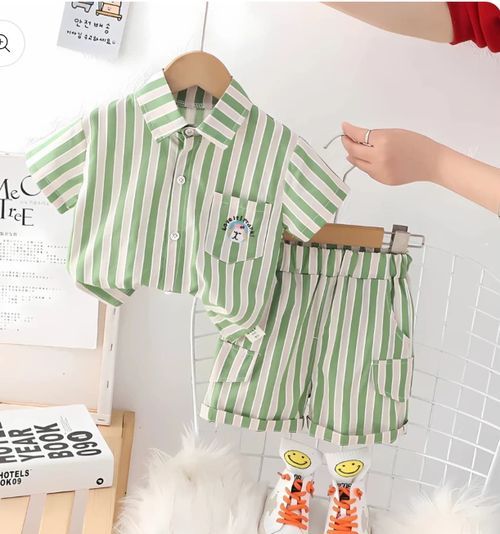 Green and white striped button-up shirt and shorts set with small pocket detail.