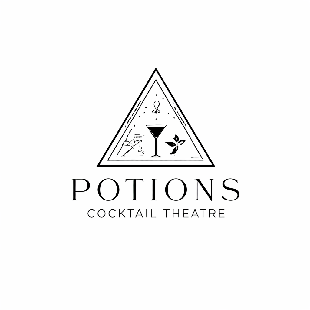 Minimalist black and white logo for Potions Cocktail Theatre featuring a triangle with cocktail glass and fairy icons.