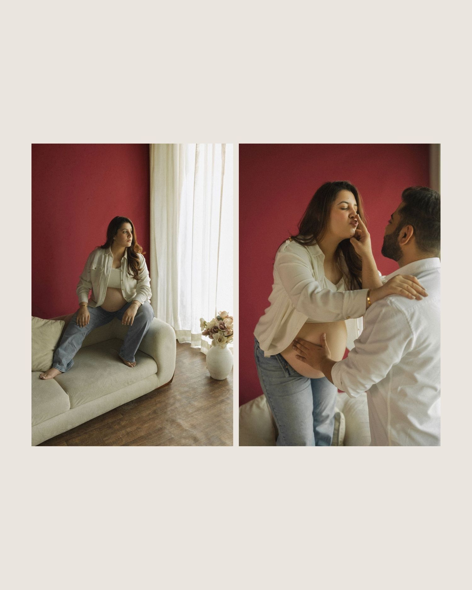 A woman sits on a cream sofa by a window, while a couple shares an intimate moment against a deep red wall.