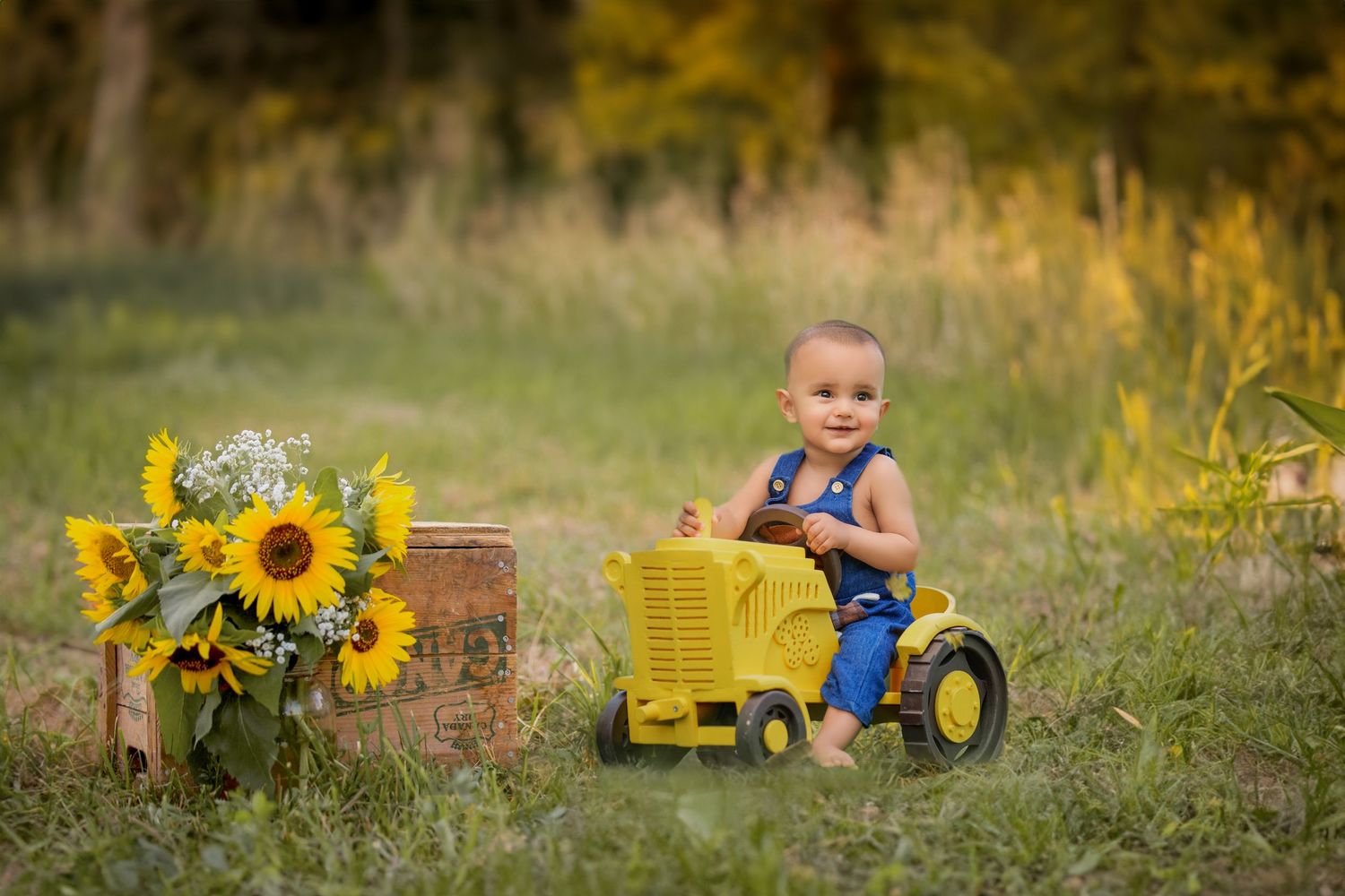 Baby boy in overalls rides yellow toy tractor outdoors near sunflowers and rustic wooden crate.