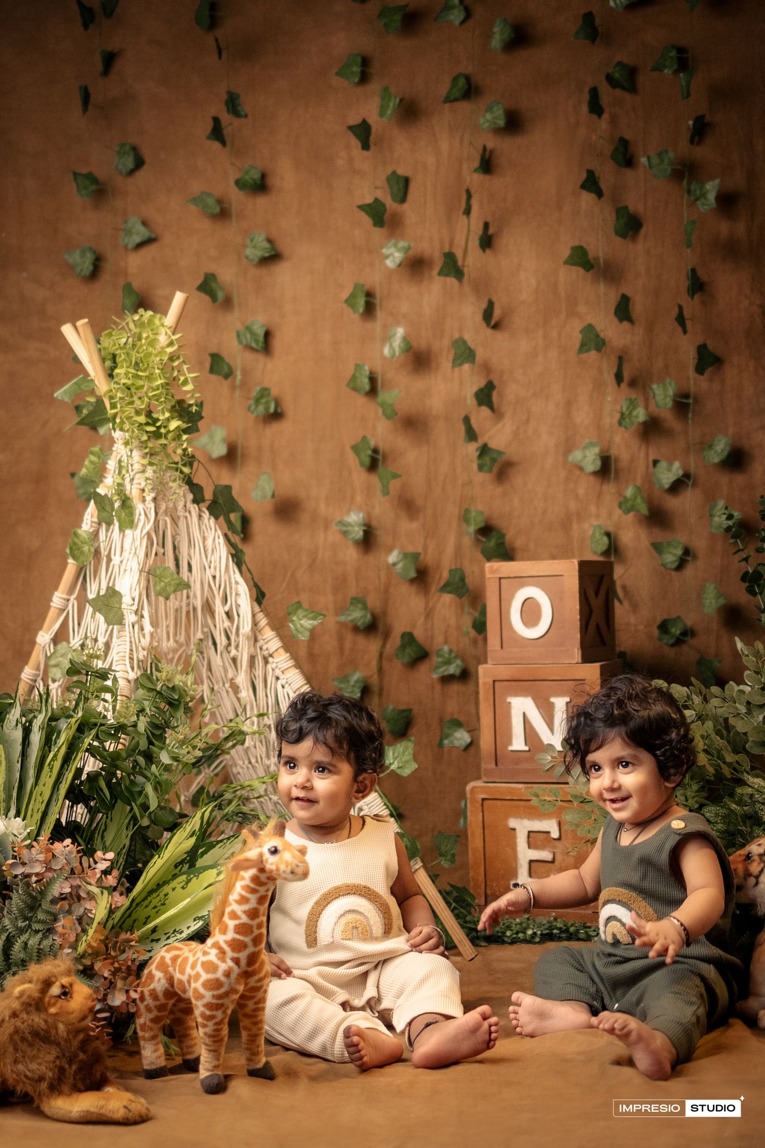 A series of connected photos showing a child sitting on a brown backdrop with wooden blocks and stuffed animals.