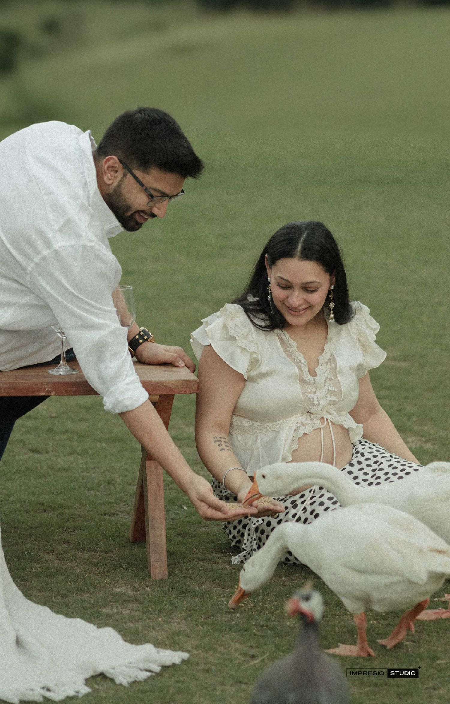 Pregnant woman and man feeding white geese on grass during outdoor maternity photoshoot.