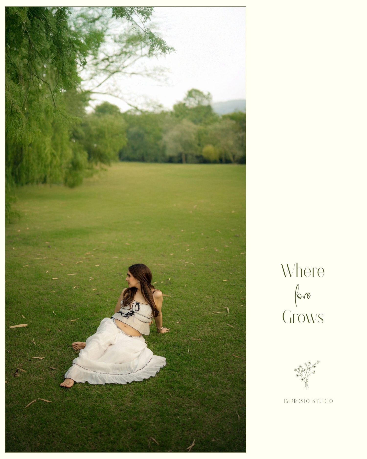 Woman in white dress sitting on lush green grass beneath a willow tree, with text overlay reading Where Love Grows.