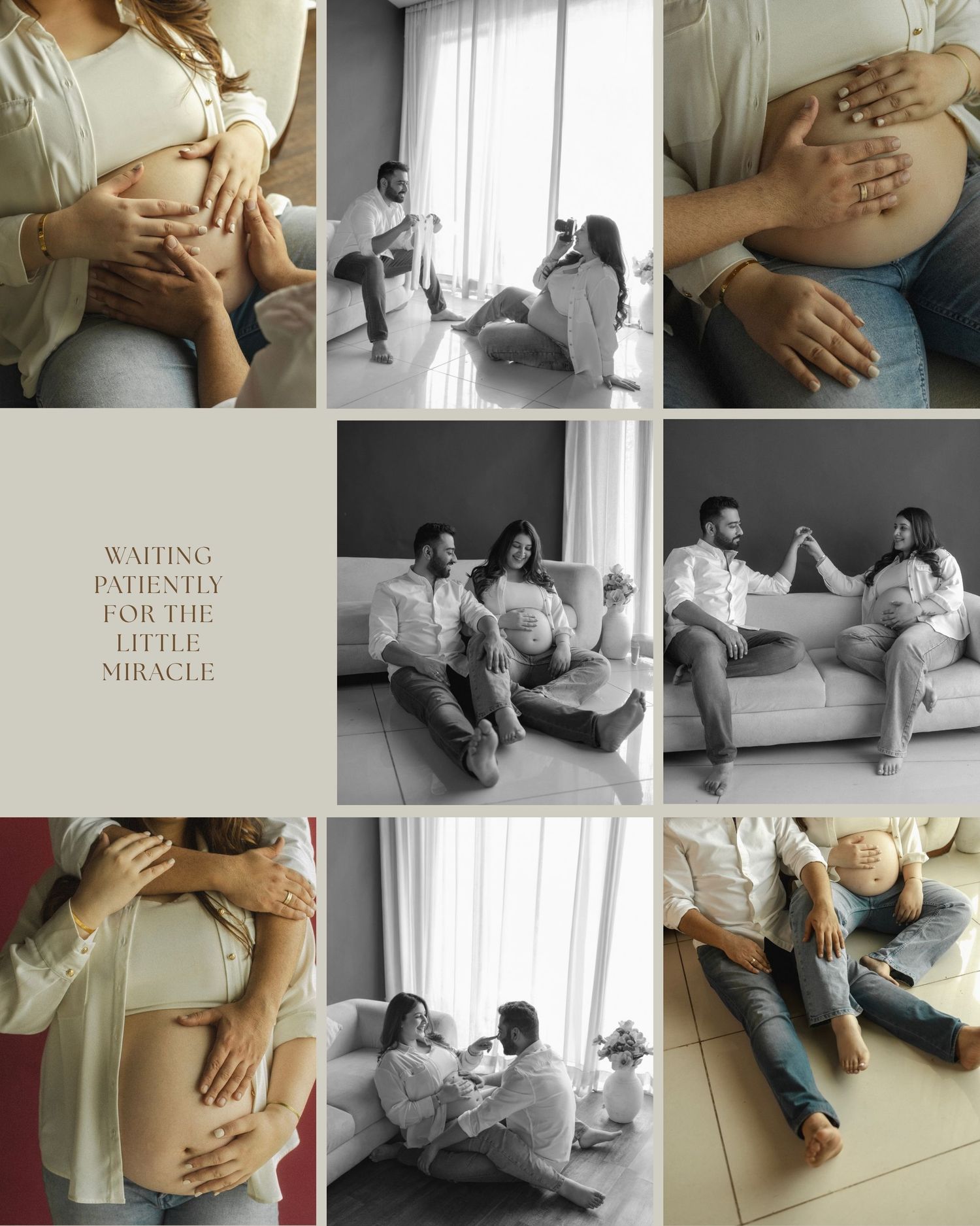 A maternity photo collage of a couple waiting for their baby, featuring tender poses and bump close-ups in soft natural light.