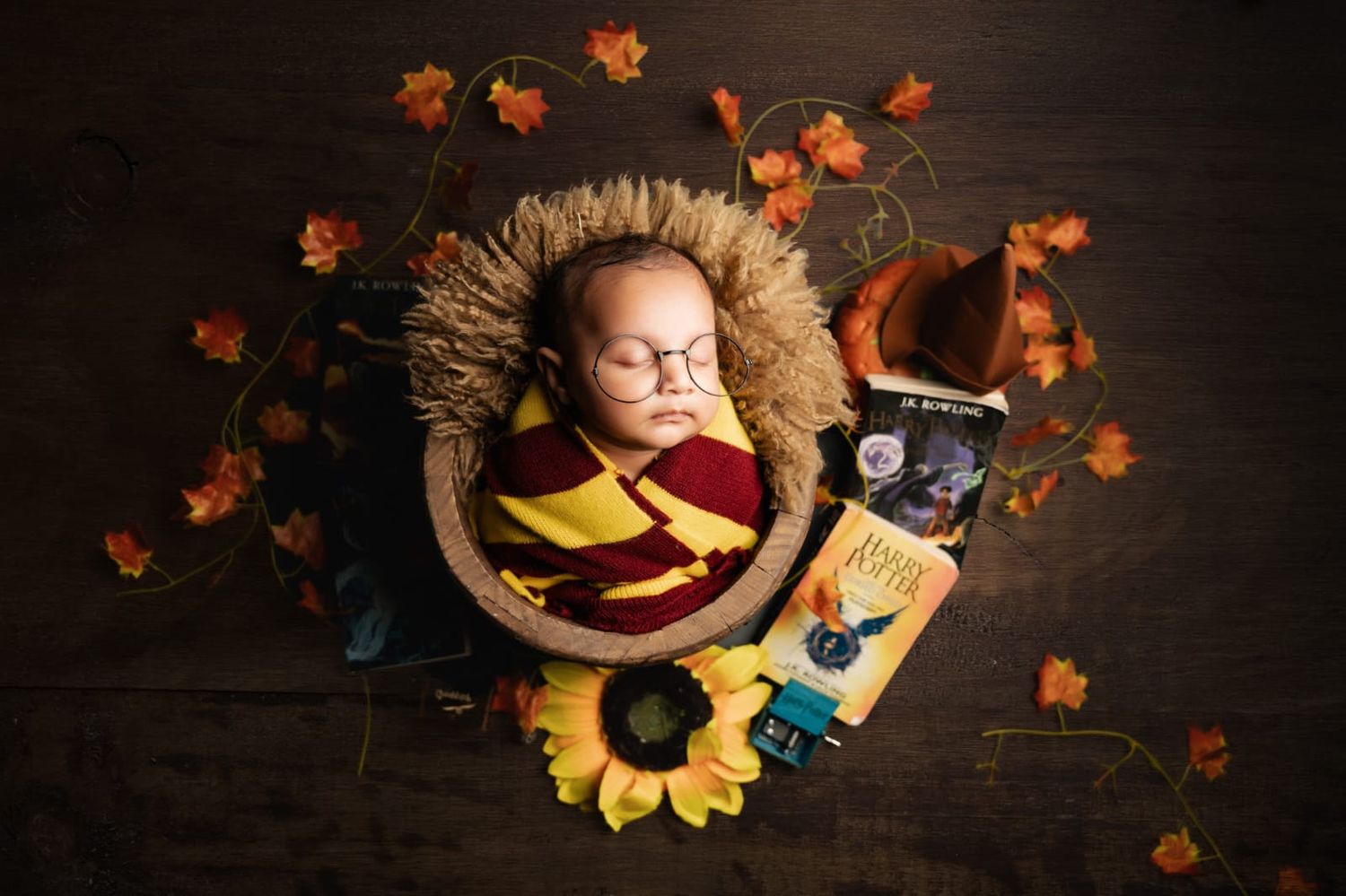 Newborn baby dressed as Harry Potter in a basket with a wand, Hogwarts scarf, glasses, and autumn leaves.