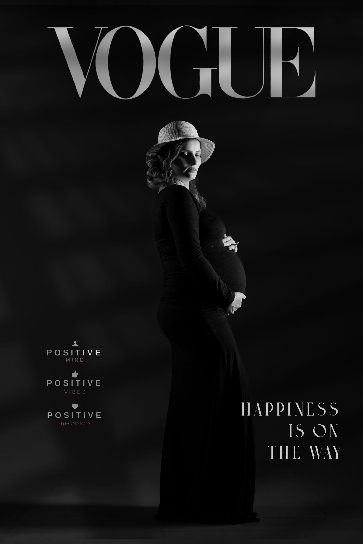 Vintage-style Vogue magazine cover featuring maternity fashion in dramatic black and white.