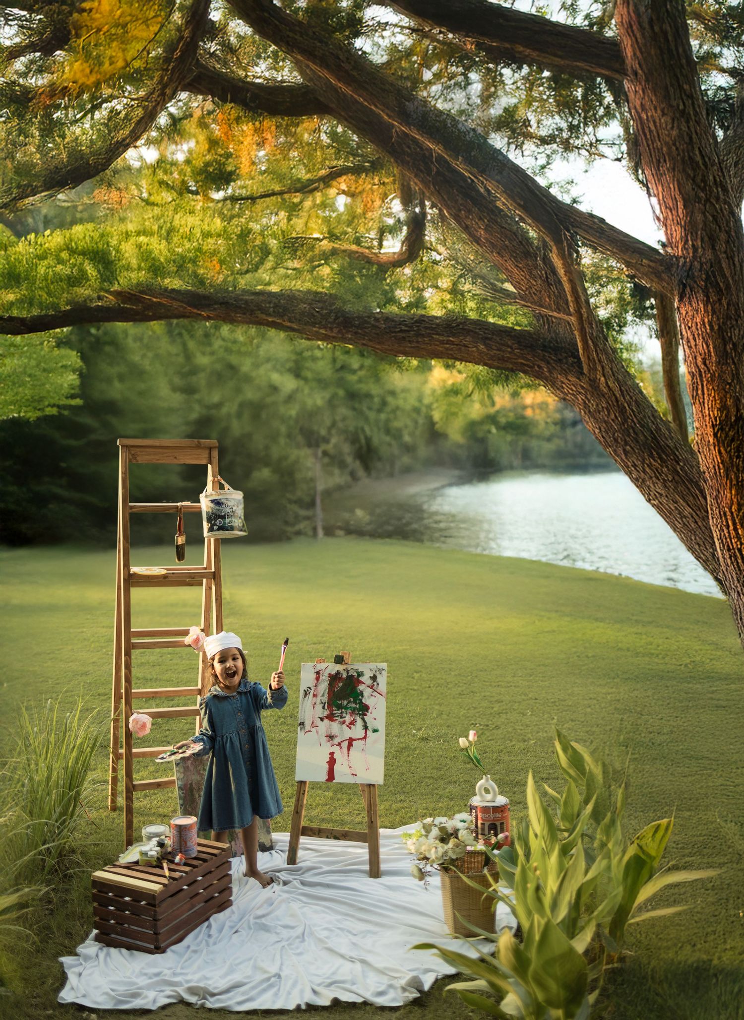 A young child in a blue dress paints on a canvas easel outdoors near a lake, surrounded by a ladder and picnic props.