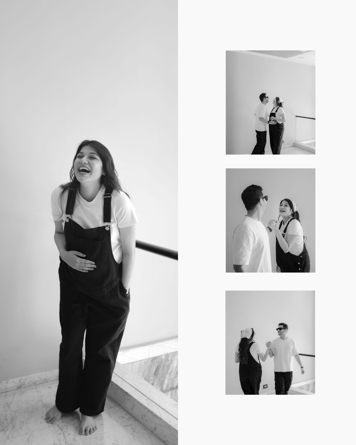 A series of black and white artistic self-portraits showing various poses and angles in minimalist settings.