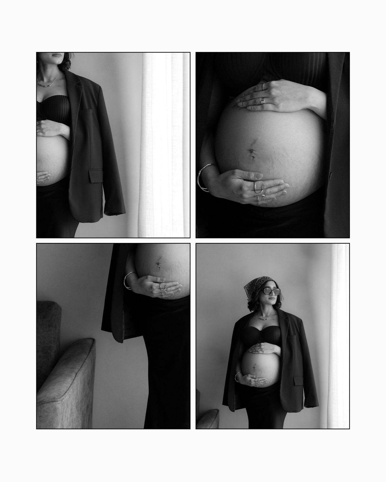 Black and white maternity photo collage of pregnant woman in blazer and bralette, showcasing baby bump in elegant poses.