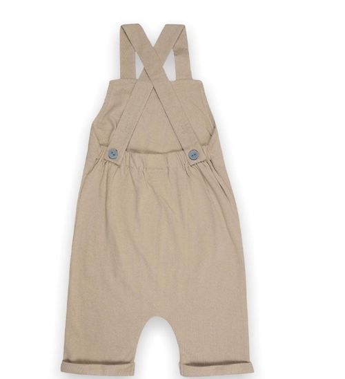 Khaki colored baby overalls with adjustable straps shown from different views.