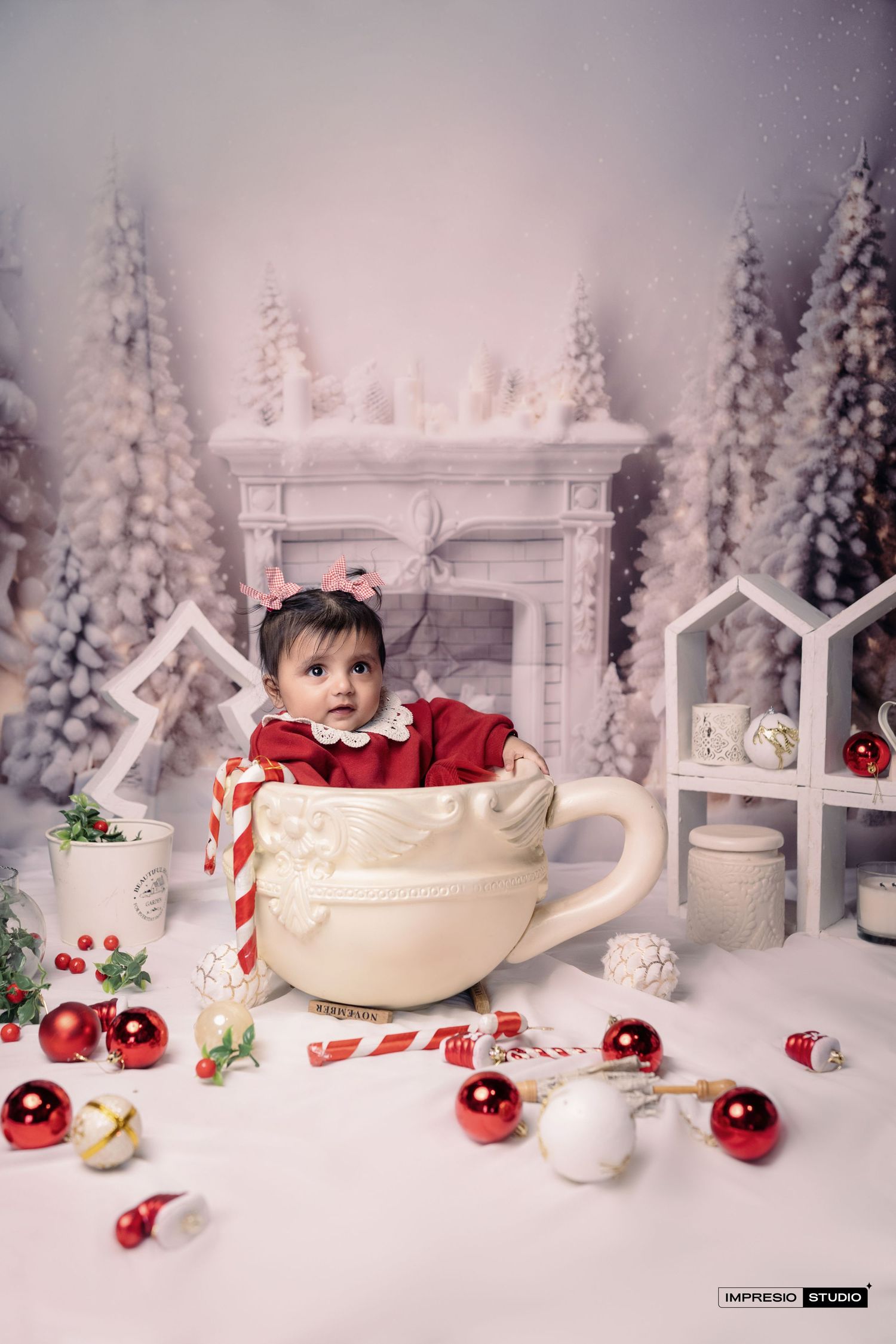 A festive winter scene with a teacup prop surrounded by snowy evergreens, red ornaments and holiday decorations.