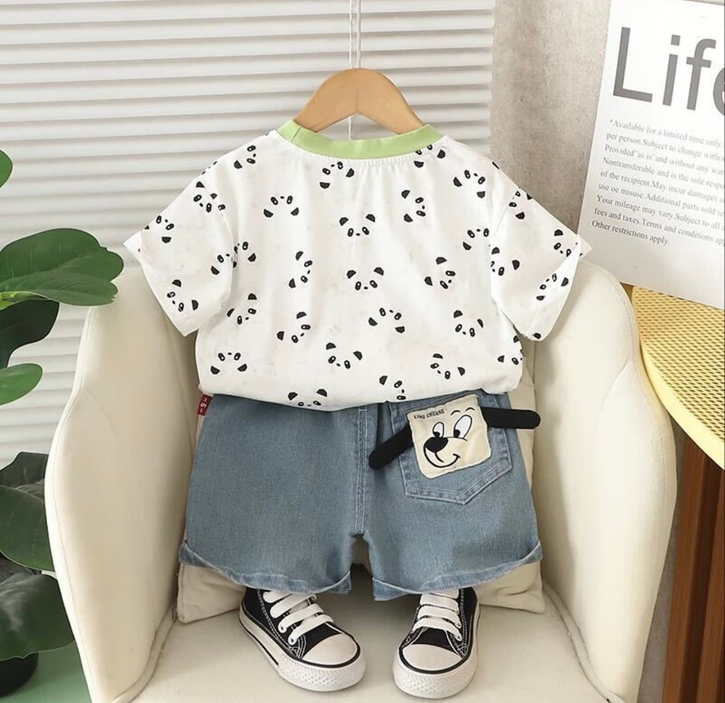 Four coordinated baby outfit photos showing panda print tops paired with light denim bottoms and canvas sneakers.
