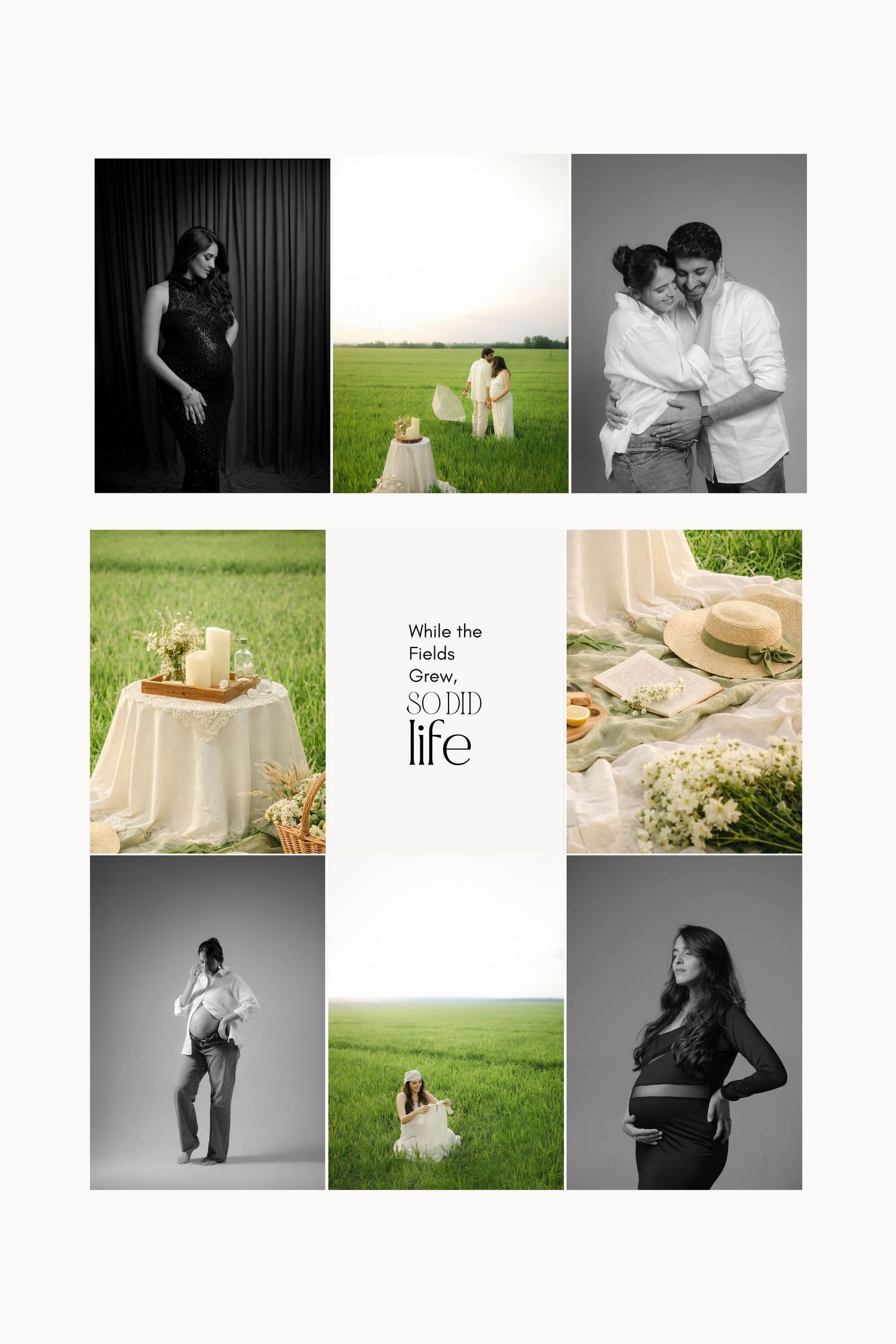 A collection of artistic wedding photography showing couples in romantic outdoor settings and intimate black and white portraits.
