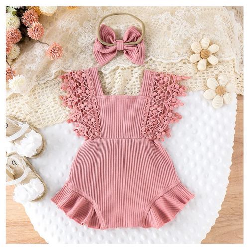 Pink ribbed romper with lace flutter sleeves and matching bow headband.