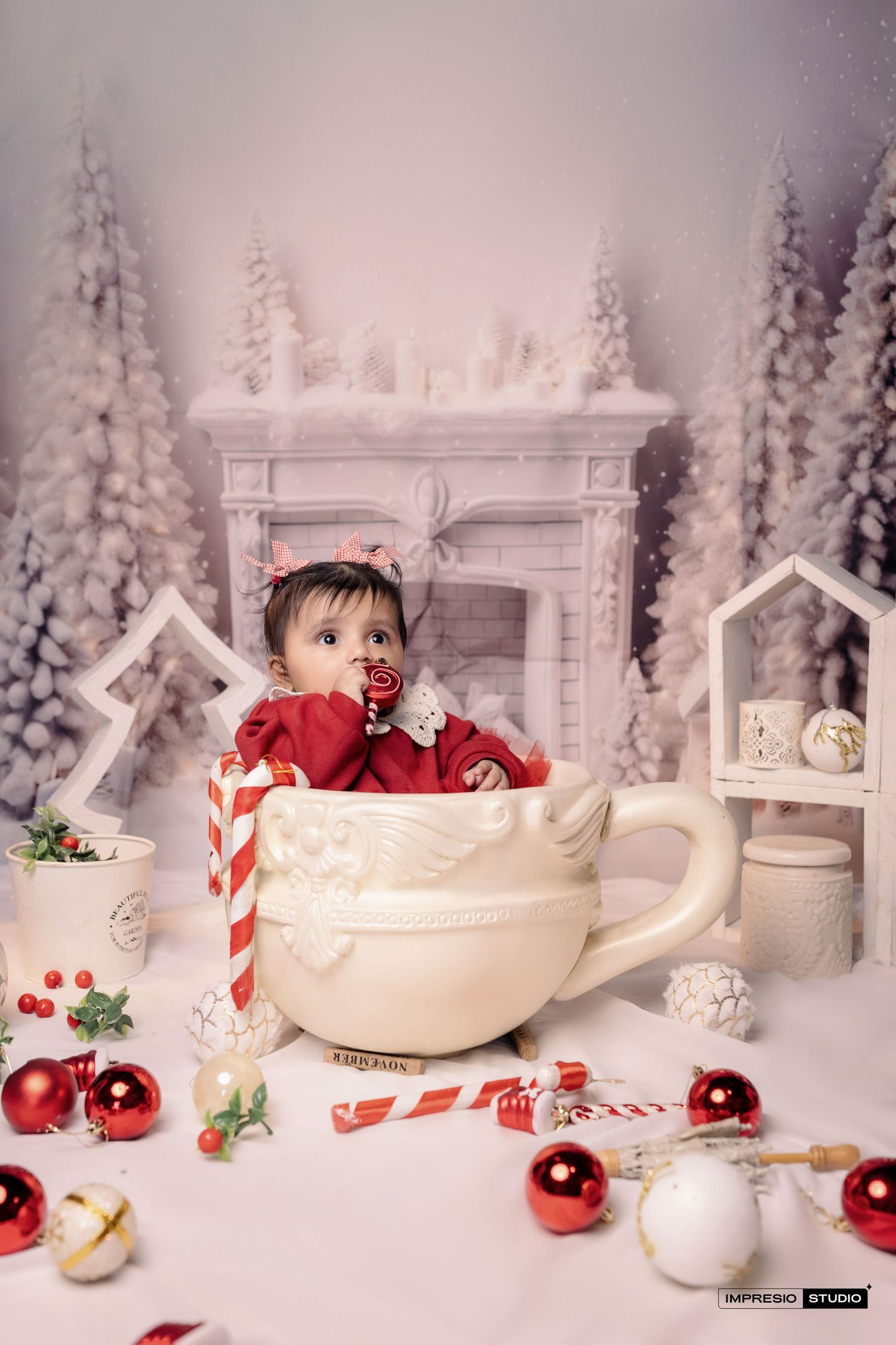 A festive winter photo backdrop with white snow-covered trees, a fireplace mantel, and red Christmas ornaments and candy canes.