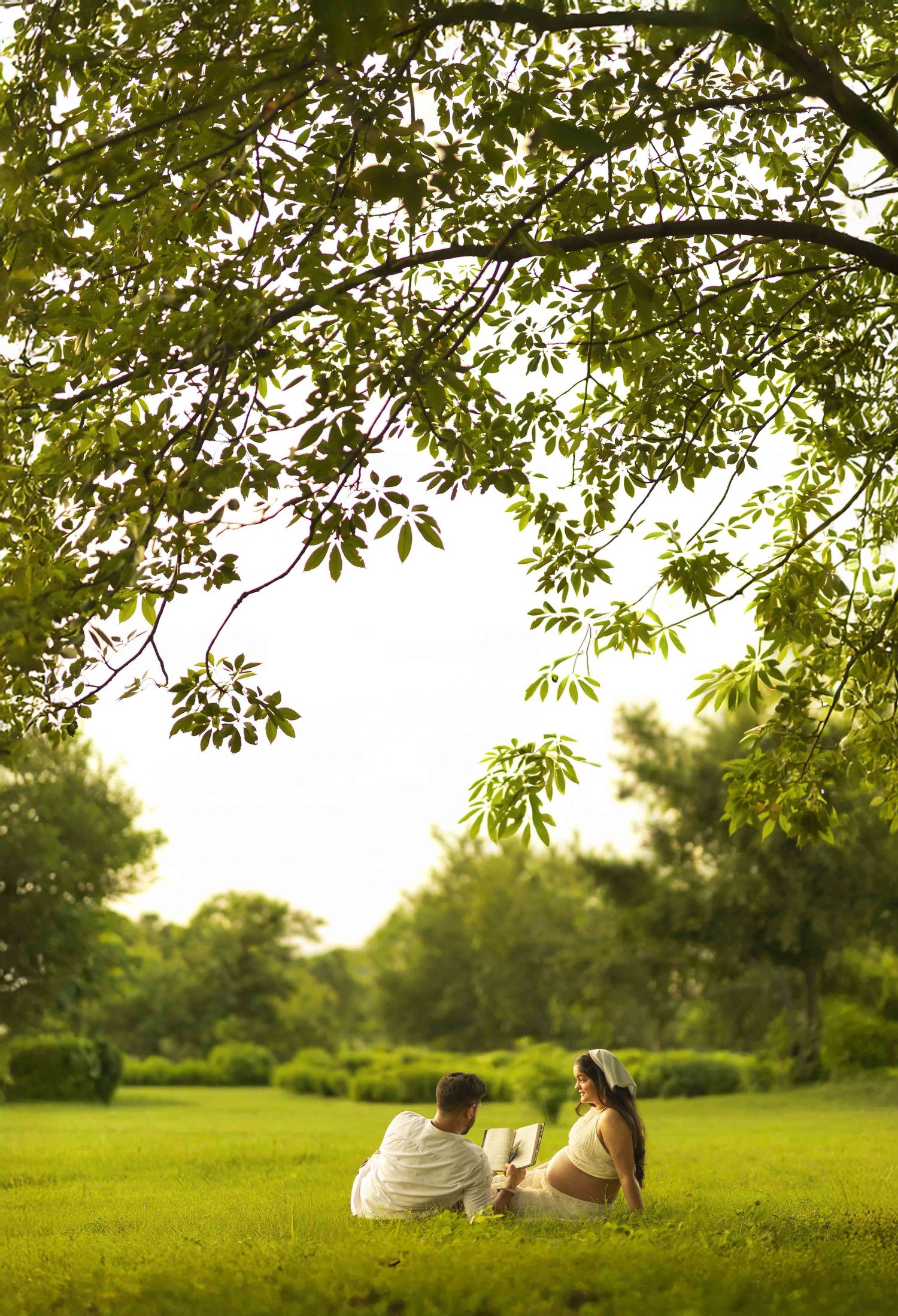 Couple sitting on lush green grass under a large tree in a serene park setting.