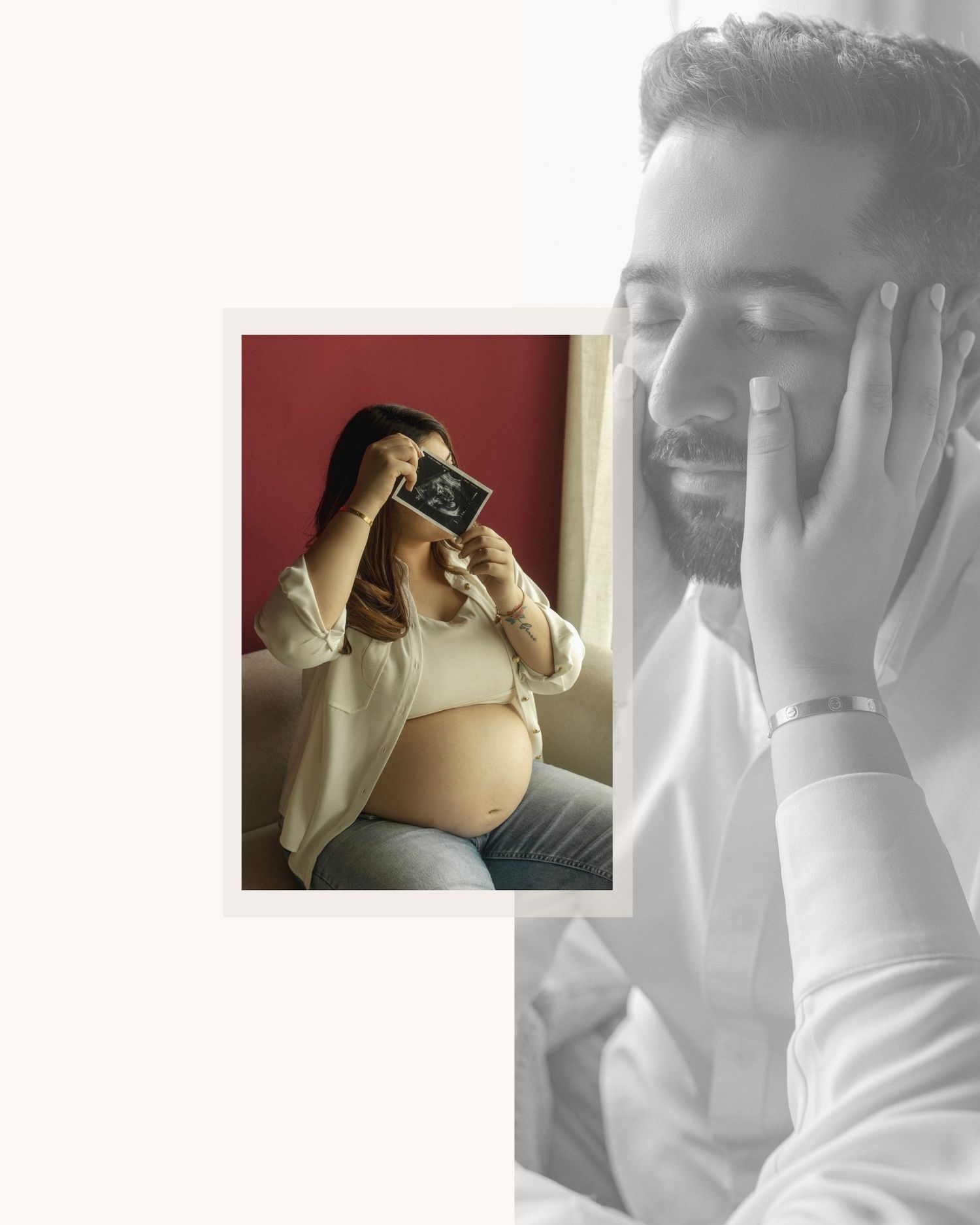 Pregnant woman holding ultrasound photo while smiling man rests his face in hand, expecting couple maternity moment.
