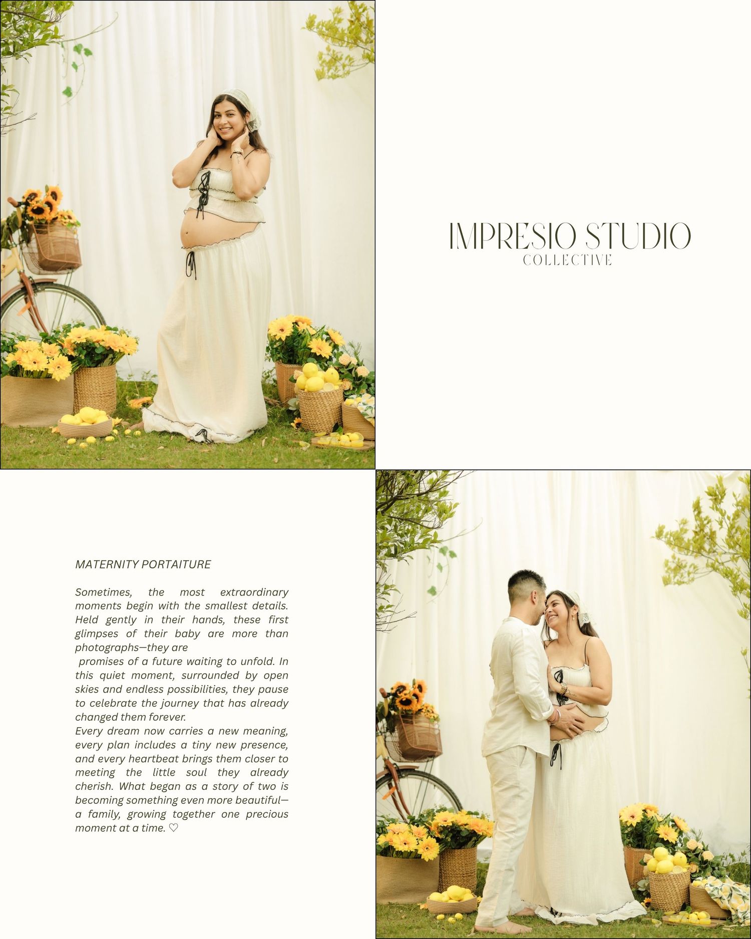 Impresio Studio maternity portrait session featuring a couple posing outdoors with sunflowers and a vintage bicycle.