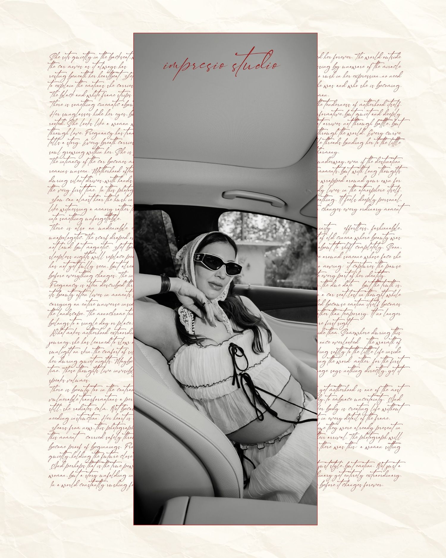 Black and white photo of a woman wearing sunglasses and a headscarf sitting in a car, styled by Impresio Studio.
