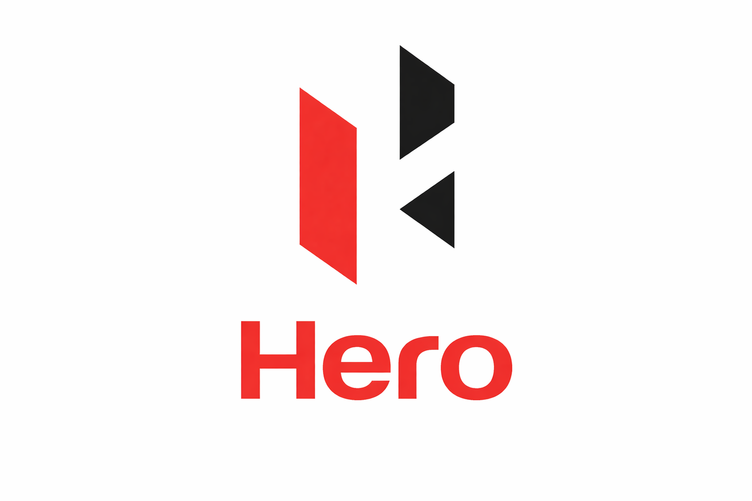 A red and black Hero brand logo design with angular geometric shapes and text against a white background.