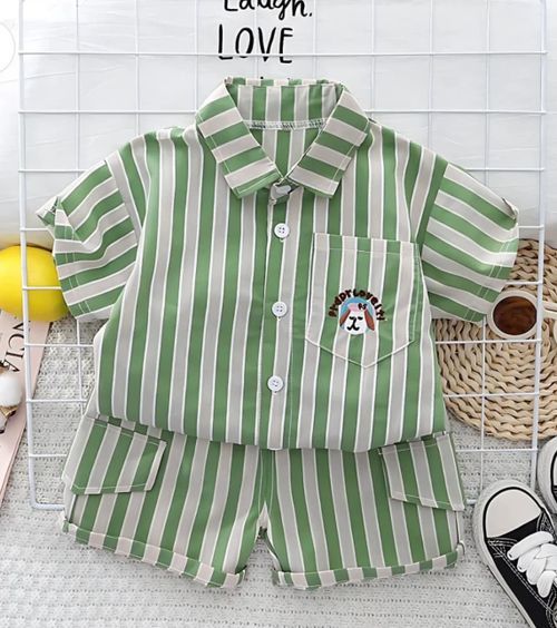 Light green striped cotton pajama set with collared shirt and matching shorts for kids.