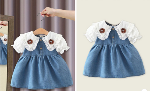 Denim baby dress with white peter pan collar shown from multiple angles.