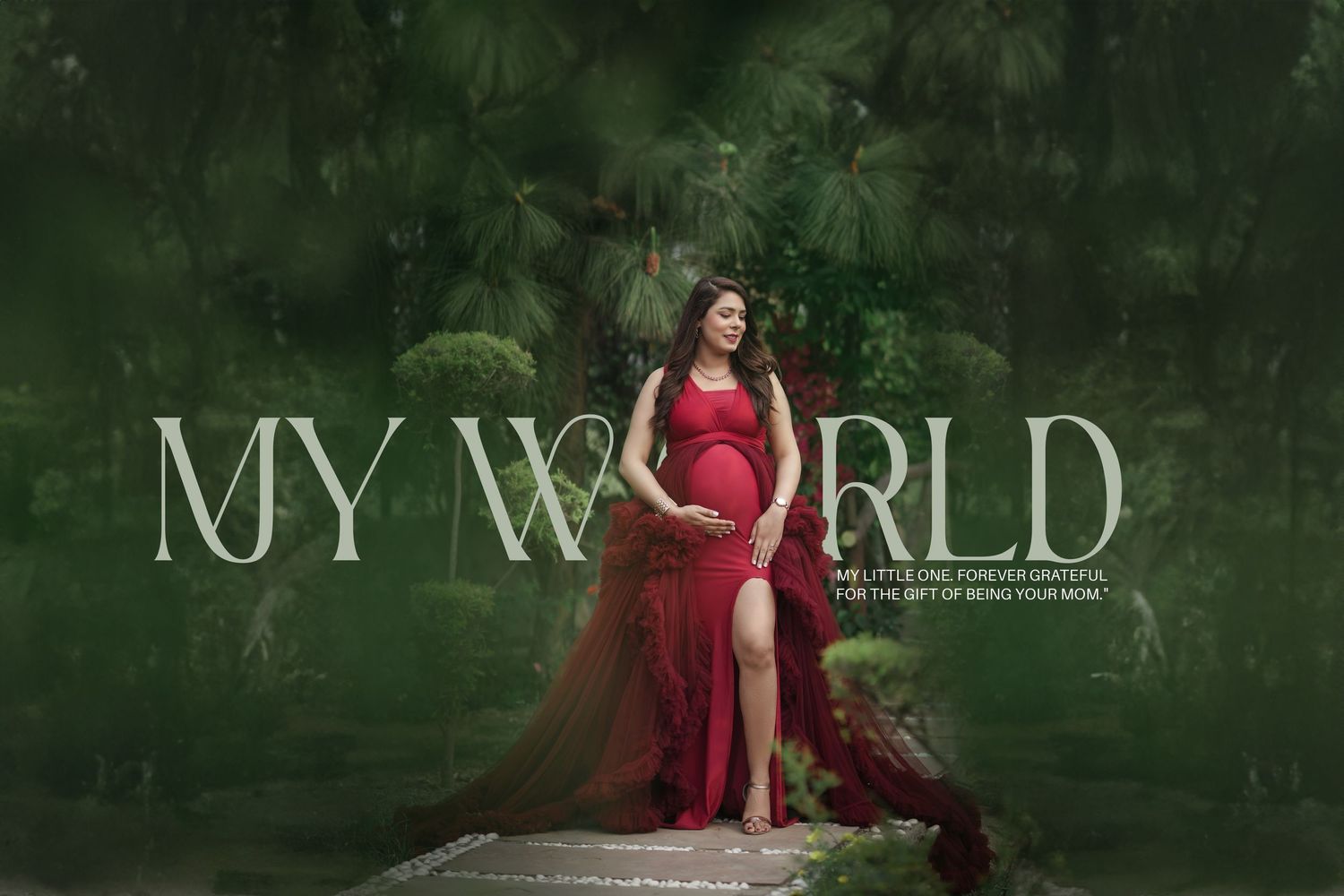 Elegant maternity portrait session in a lush green garden setting with text overlay.