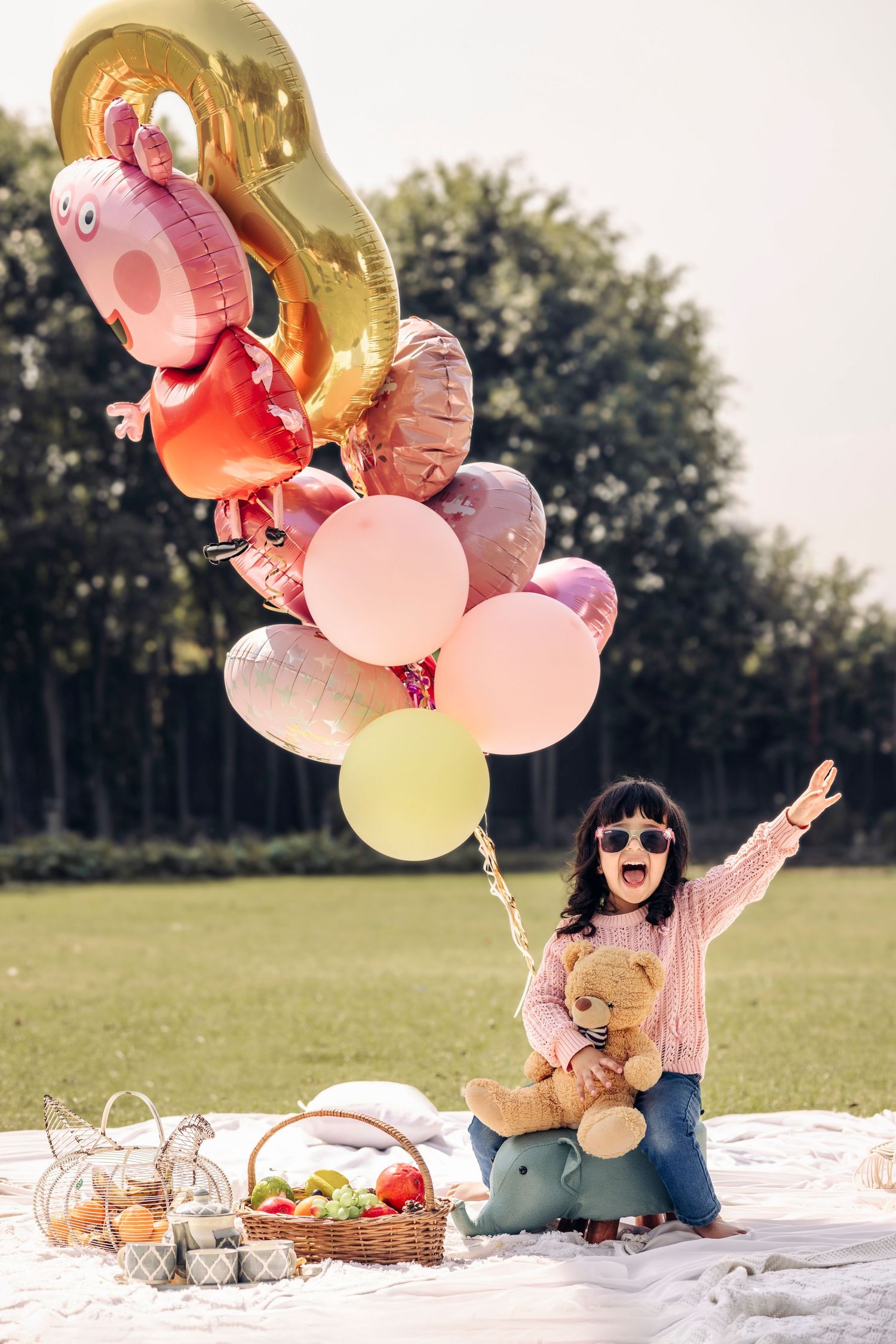 A picnic scene in a grassy field with pink and gold balloons, blanket, and refreshments spread out on a sunny day.