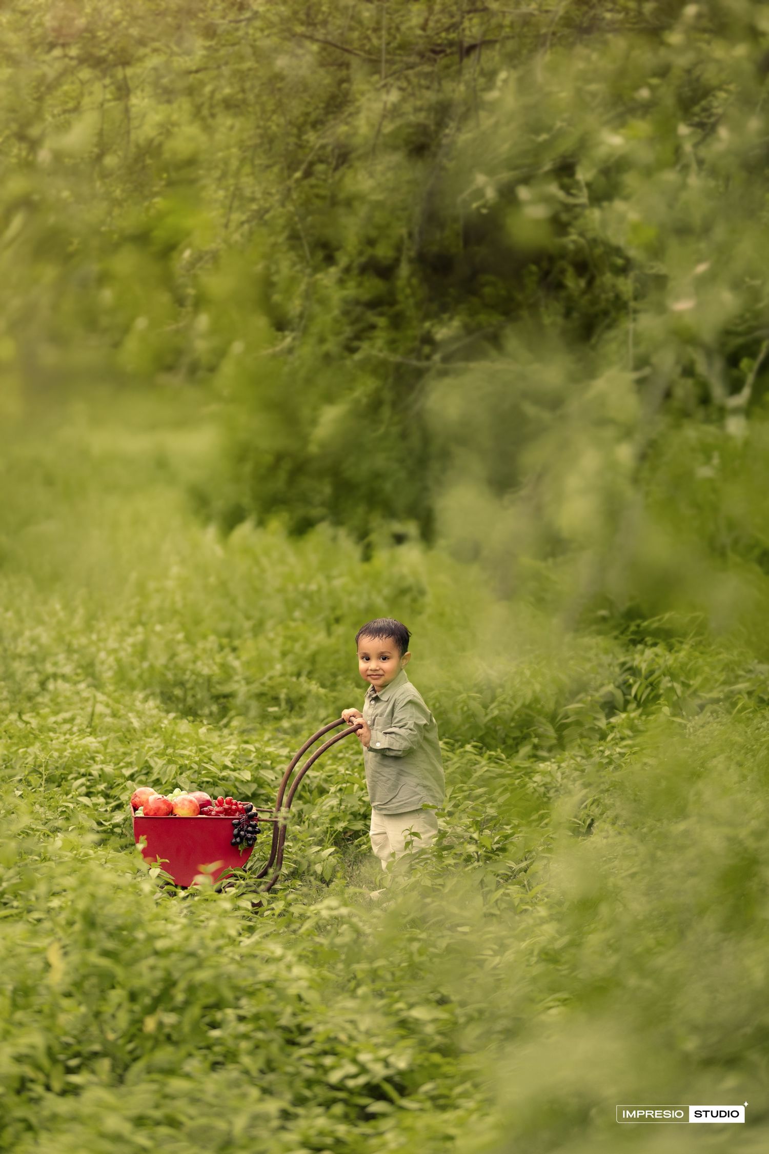 A young child pulls a red wagon through a lush green meadow filled with wildflowers on a summer day.