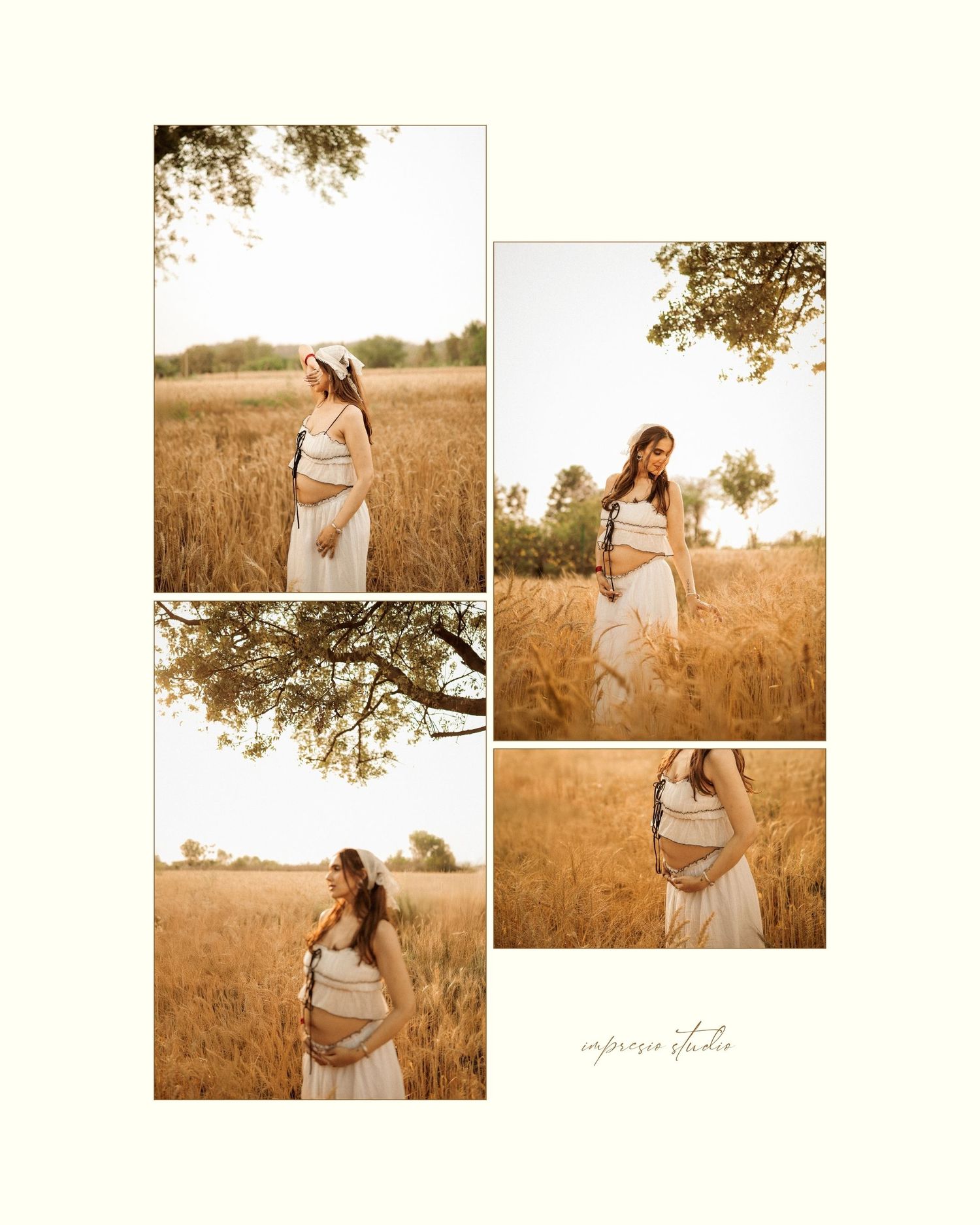 Pregnant woman in beige dress posing in golden wheat field during golden hour maternity photoshoot.