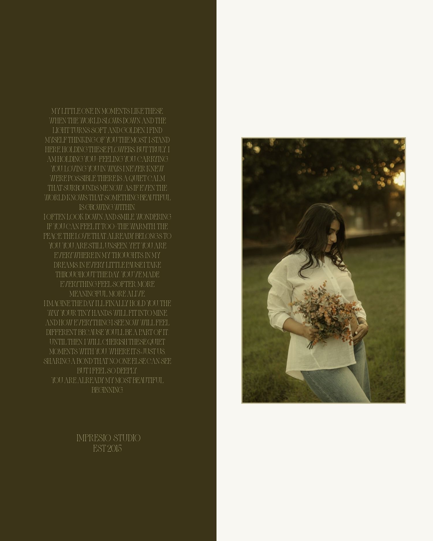 Woman in cream sweater holding wildflower bouquet standing on green grass at golden hour.