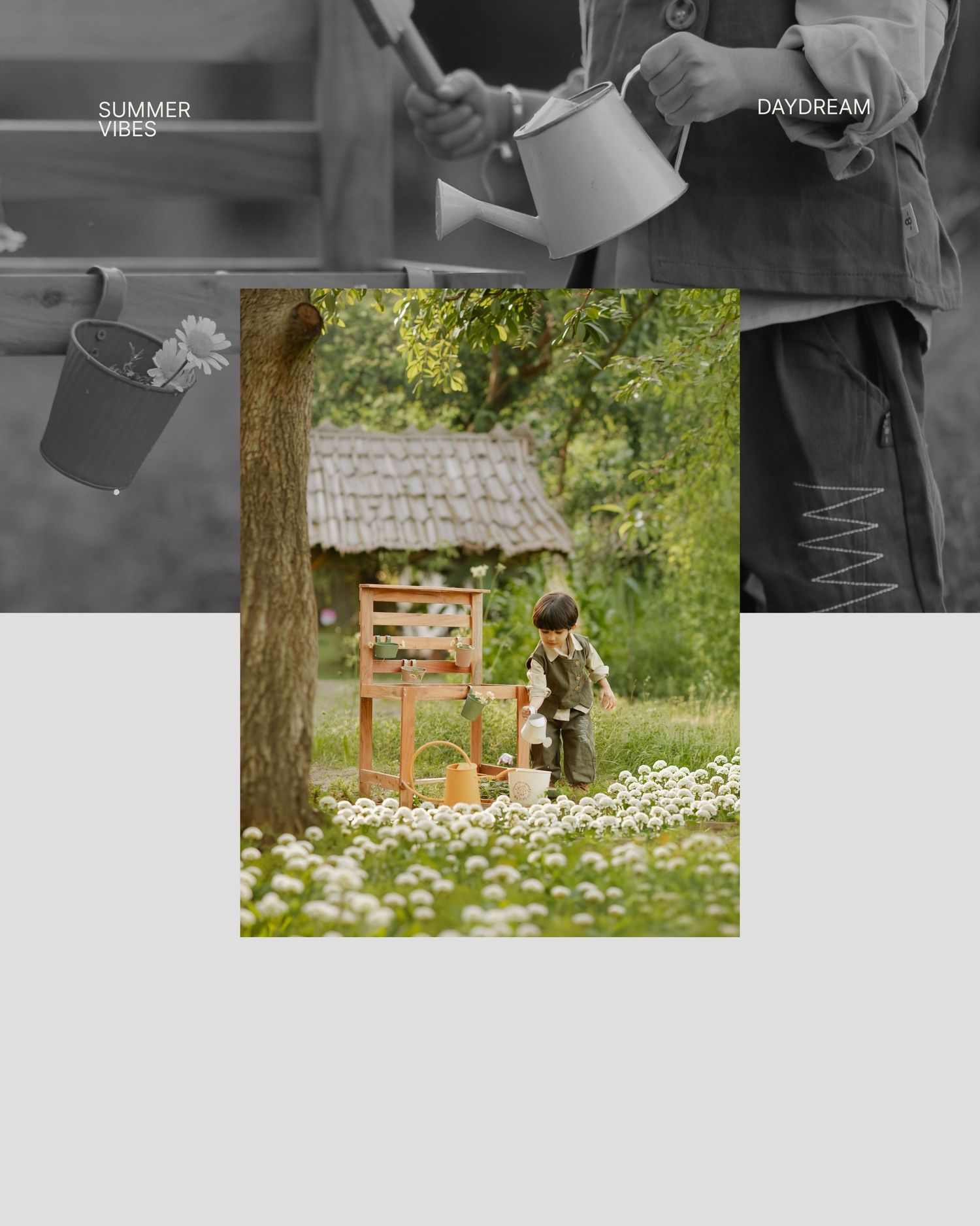 A child stands near a rustic wooden shelf by a tree in a flower-filled garden, with text reading Summer Vibes Daydream.