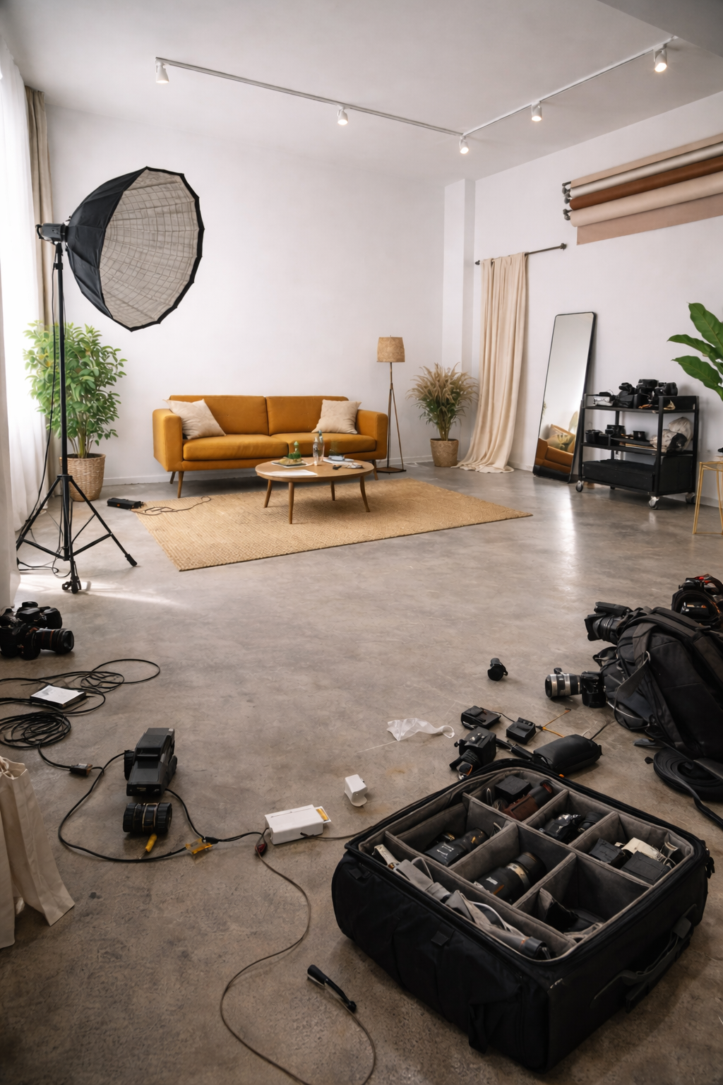 Professional photography studio interior with modern lighting equipment, seating areas, and concrete flooring.