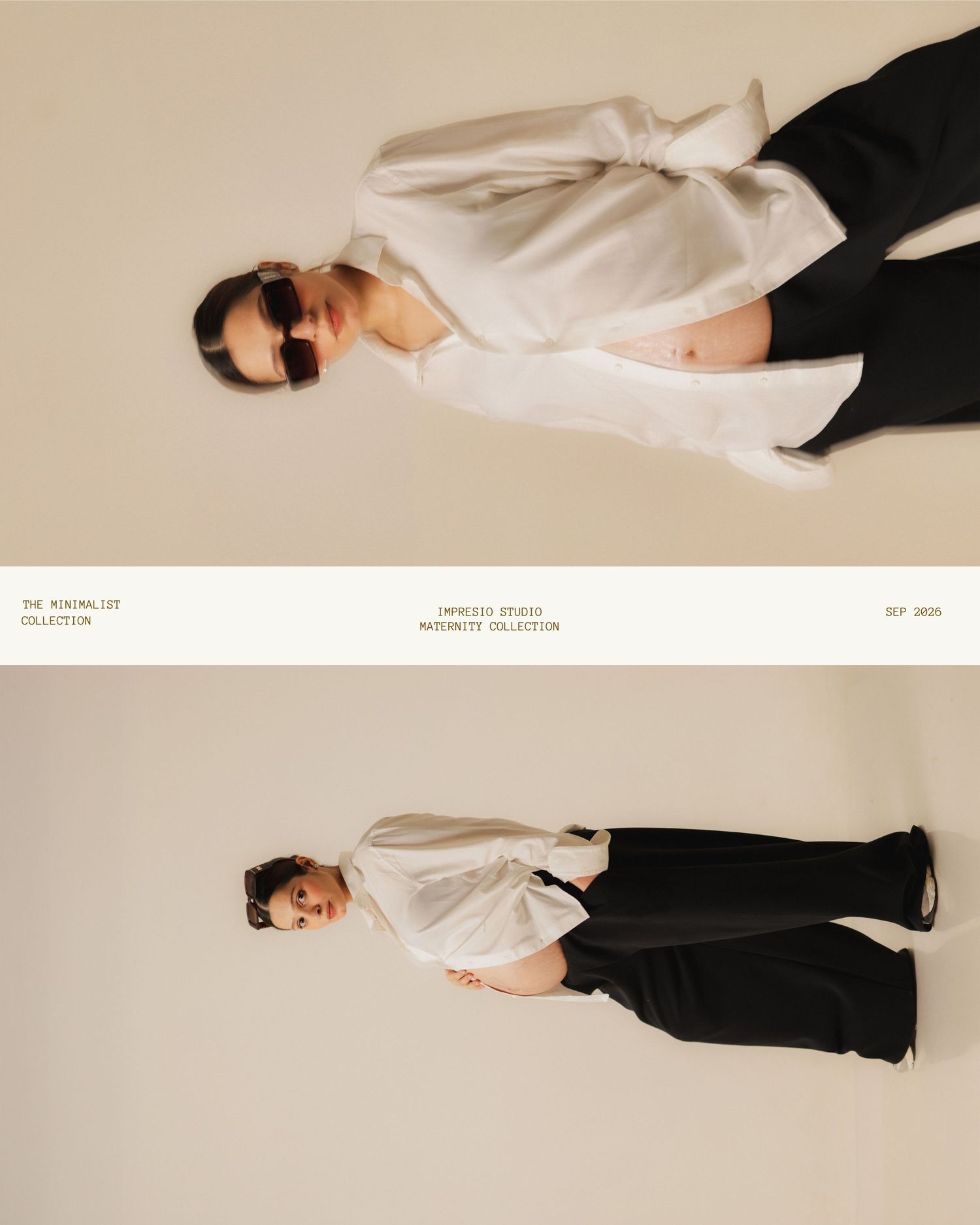Pregnant woman in white blouse and black pants poses for minimalist maternity collection lookbook photo.