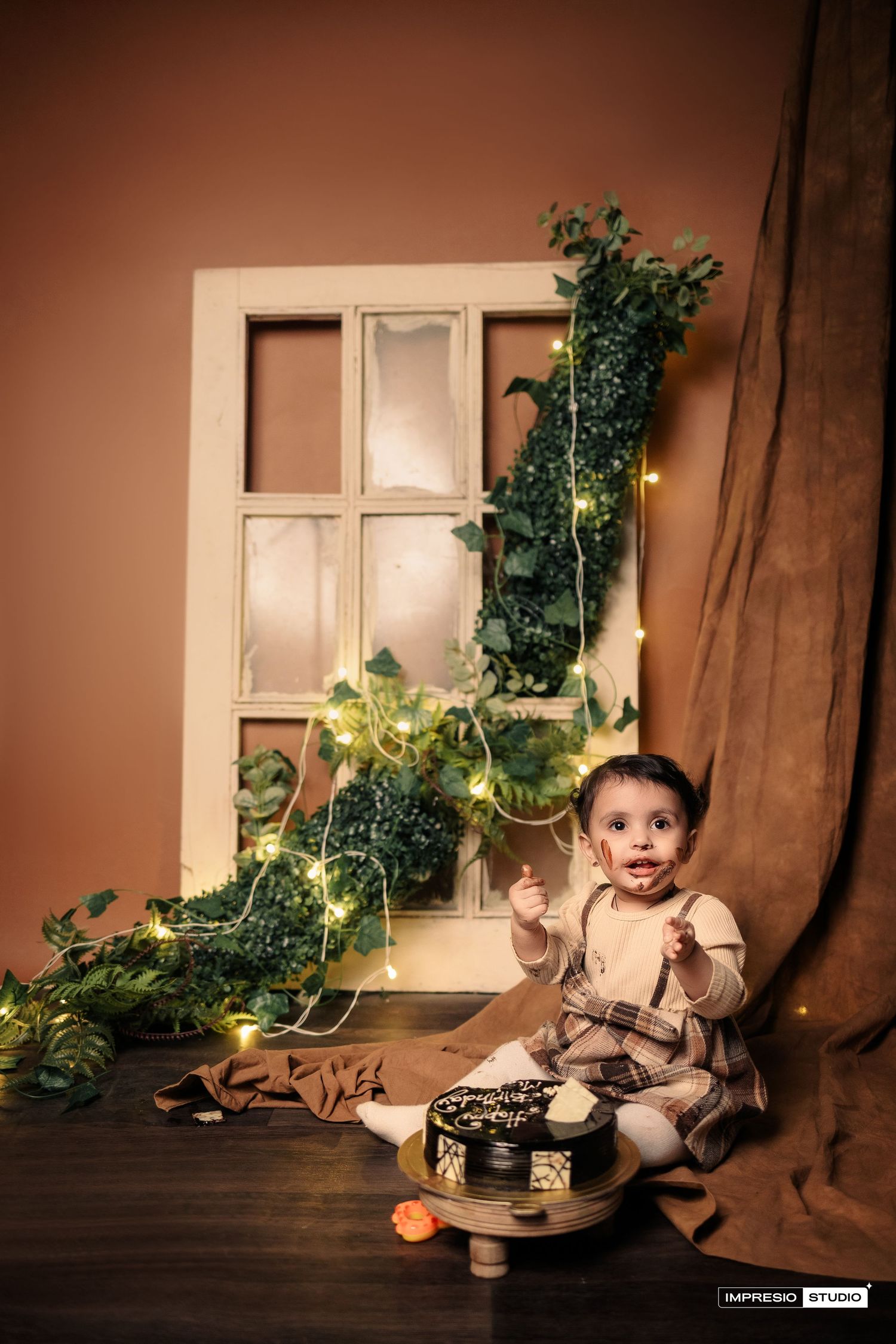 A series of vintage-style photos showing a small child on a rocking horse with potted plants and window backdrop.