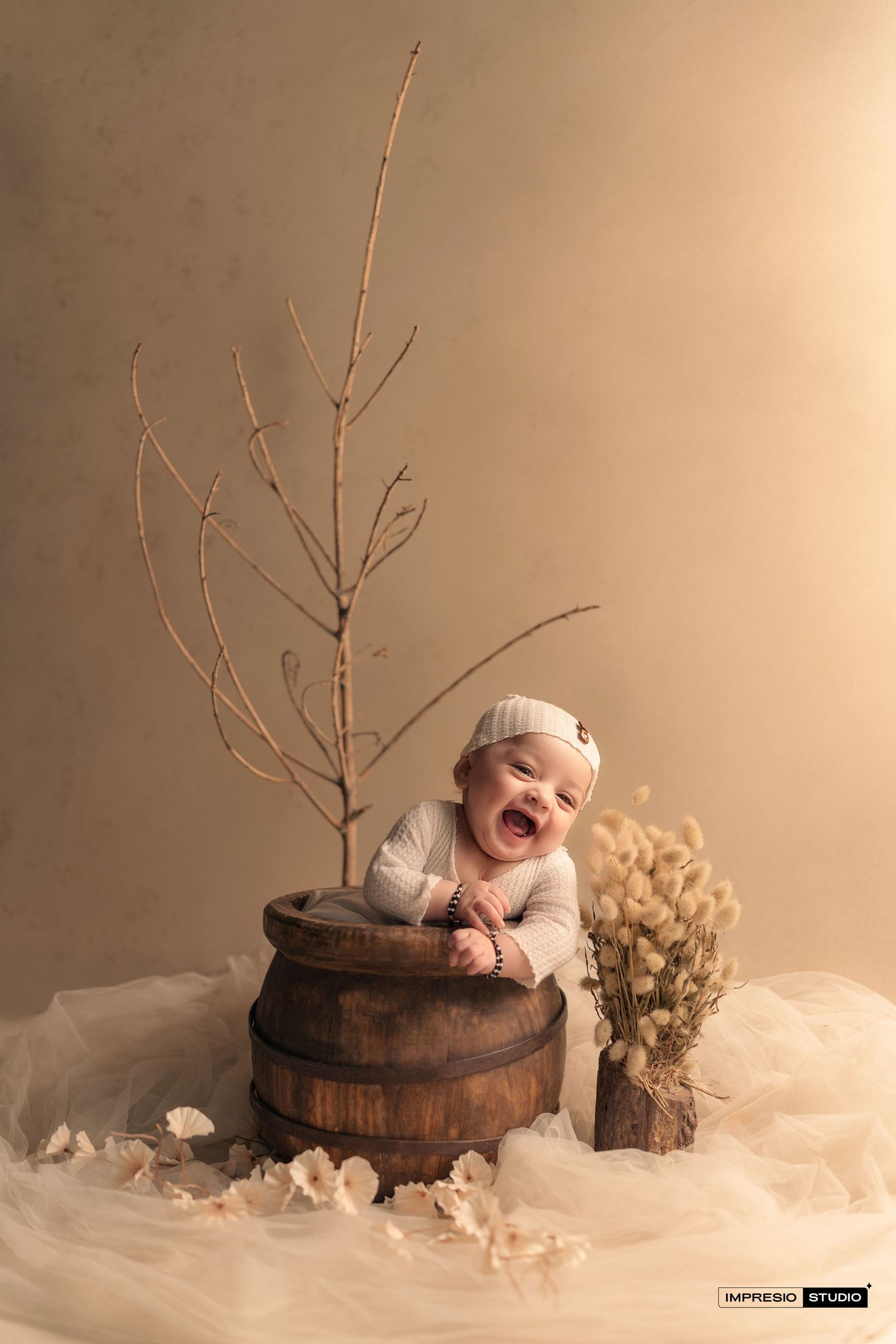 A sequence of images showing a baby in a rustic wooden barrel with dried flowers and branches in a soft sepia setting.