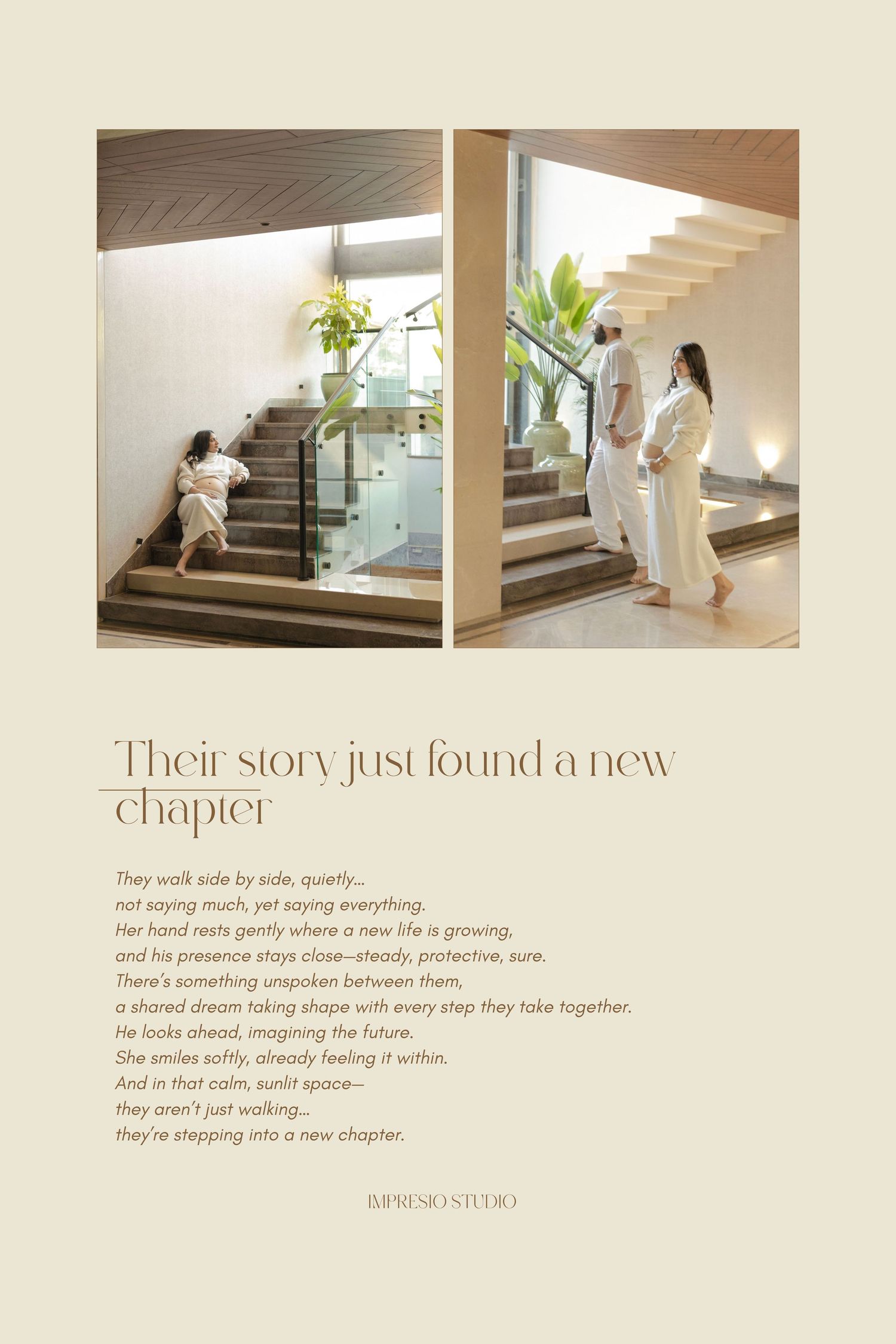 Couple in white outfits walking near modern staircase with plants in a bright, elegant home interior.