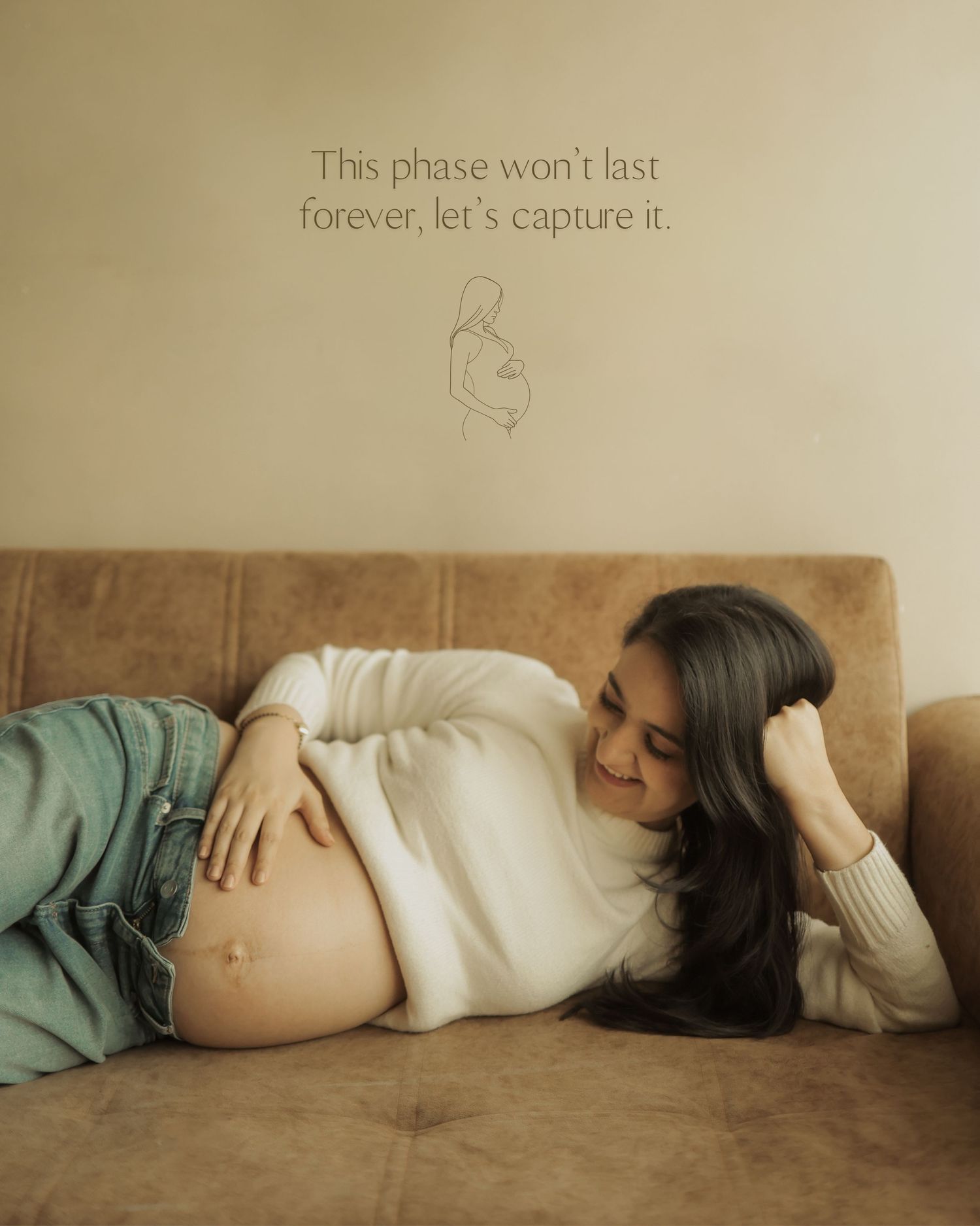 A series of maternity photos showing a pregnant belly against a beige background with text about capturing fleeting moments.