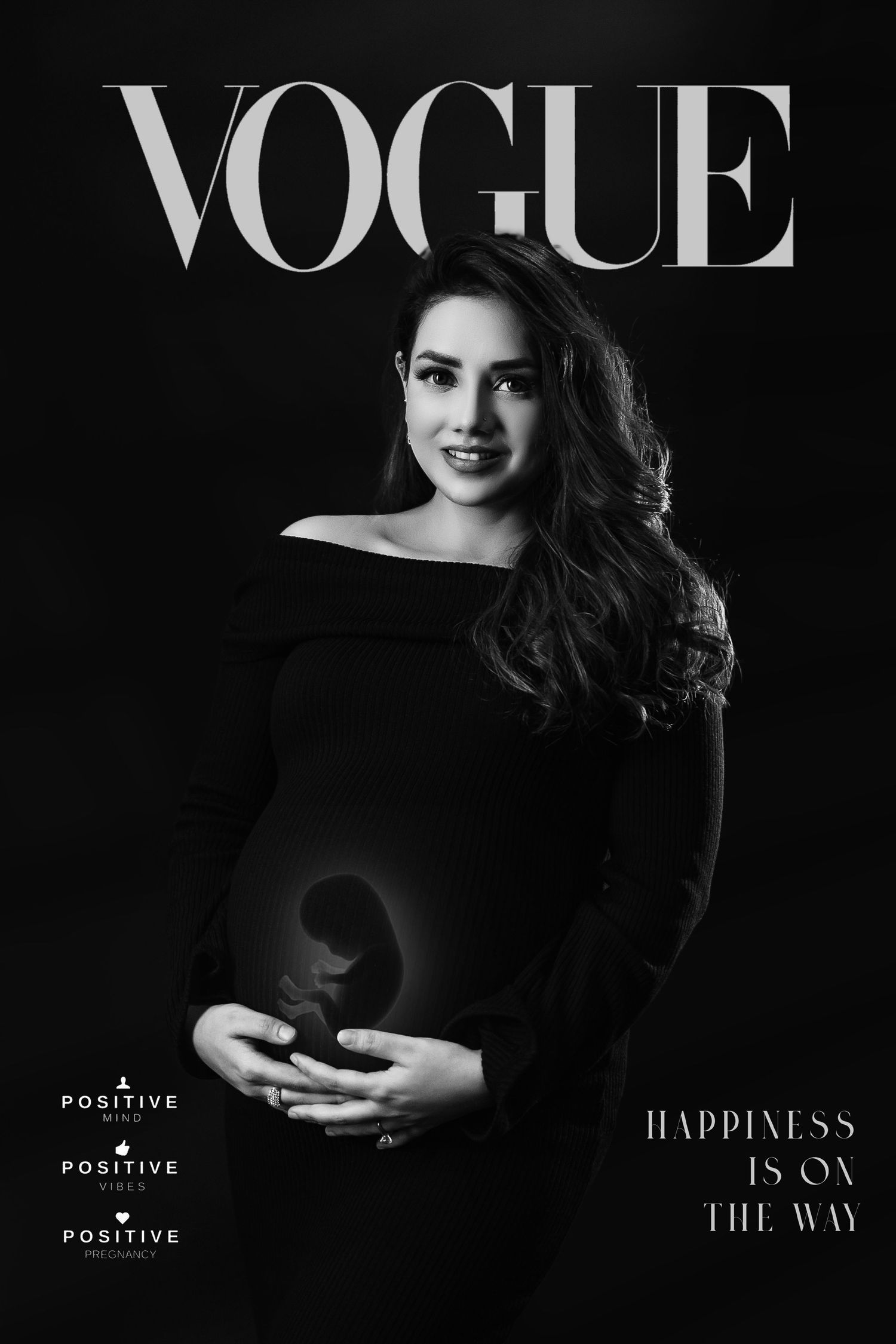 Stylish maternity photos with Vogue magazine style typography and dark backdrop.