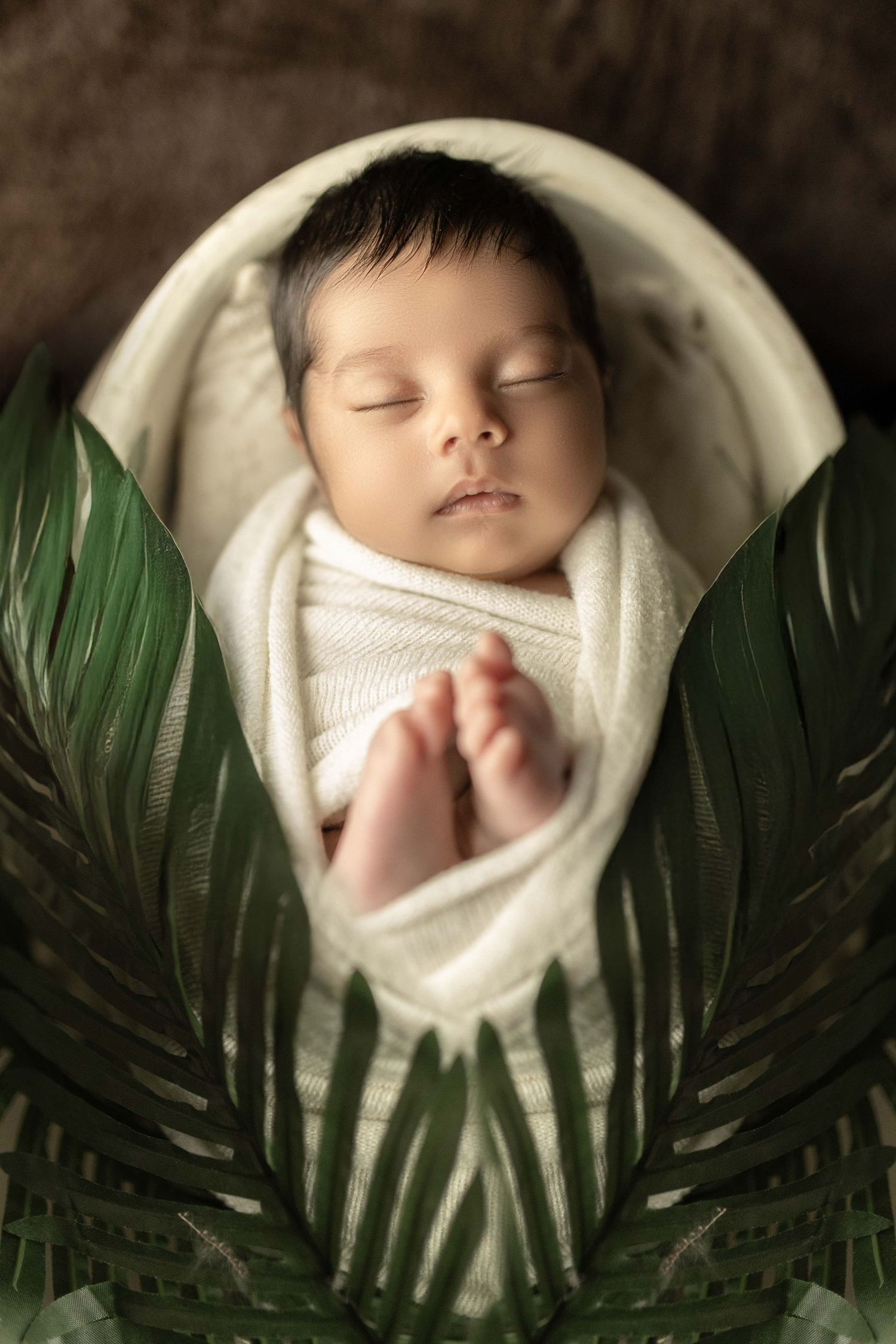 Peaceful newborn baby swaddled in white wrap sleeping in a round basket surrounded by green tropical leaves.