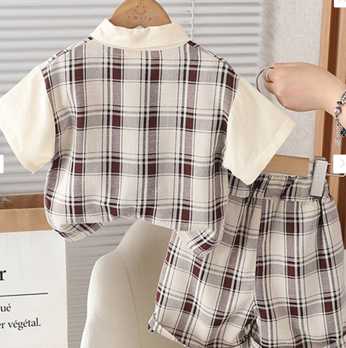 Classic plaid children's outfit with white collar shirt and matching shorts.